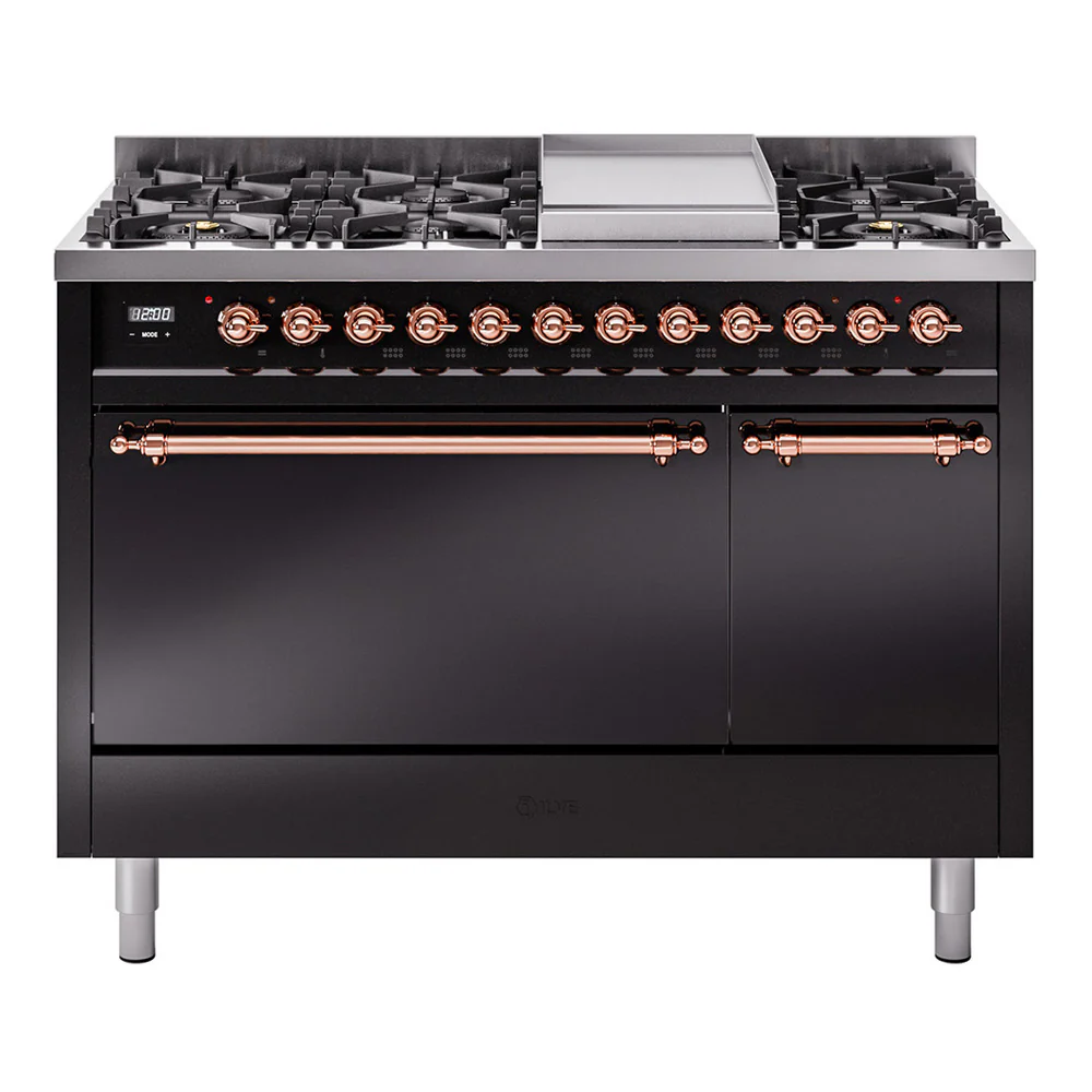 ILVE 48-Inch Nostalgie II Dual Fuel Range with 8 Burners, Griddle, and Solid Door Oven in Glossy Black with Copper Trim (UP48FQNMPBKP)