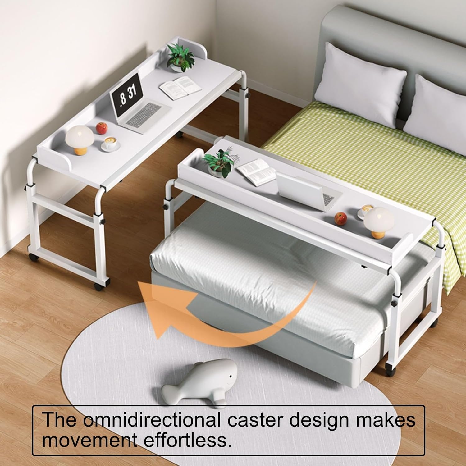 Adjustable Height & Length Laptop Bed Table, Rolling Standing Desk, Overbed Table with 360° Wheels, Queen Size Mobile Bed Desk, with Heavy Duty Metal Leg(White,140cm/55.1in)