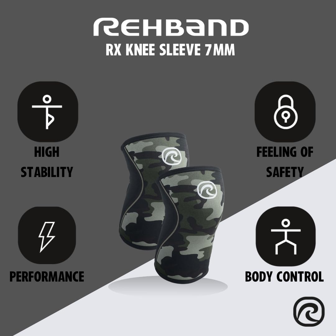 Rehband RX Knee Support for Strength Training & Fitness - 7mm Neoprene Knee Sleeve, Flexible & Non-Slip, Knee Sleeve for Men & Women, Colour:Camo - 1 Pair, Size:Large