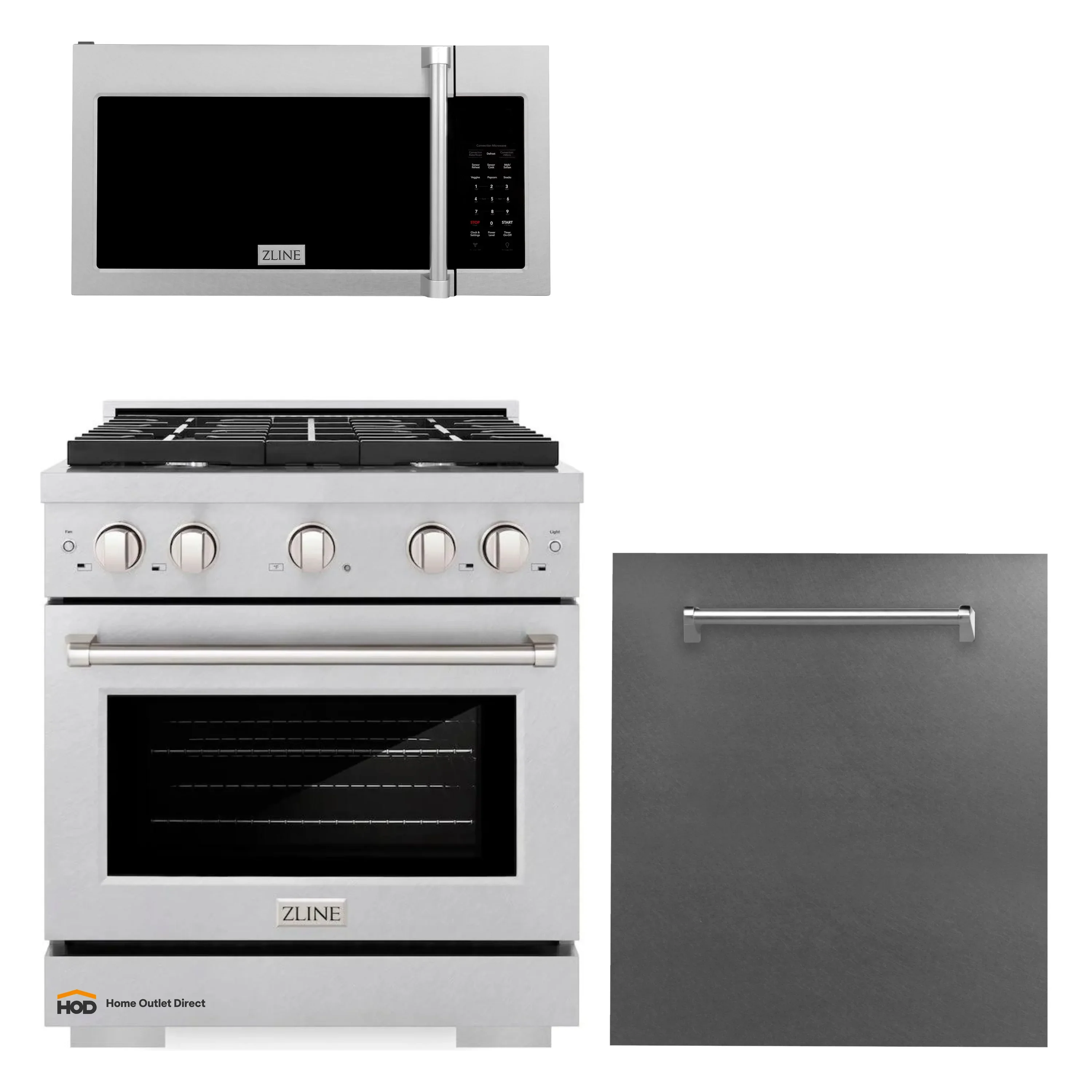 ZLINE 3-Piece Appliance Package - 30-Inch Gas Range, Microwave Oven and Dishwasher in Satin Stainless Steel (3KP-SGRSOTRHDW30)