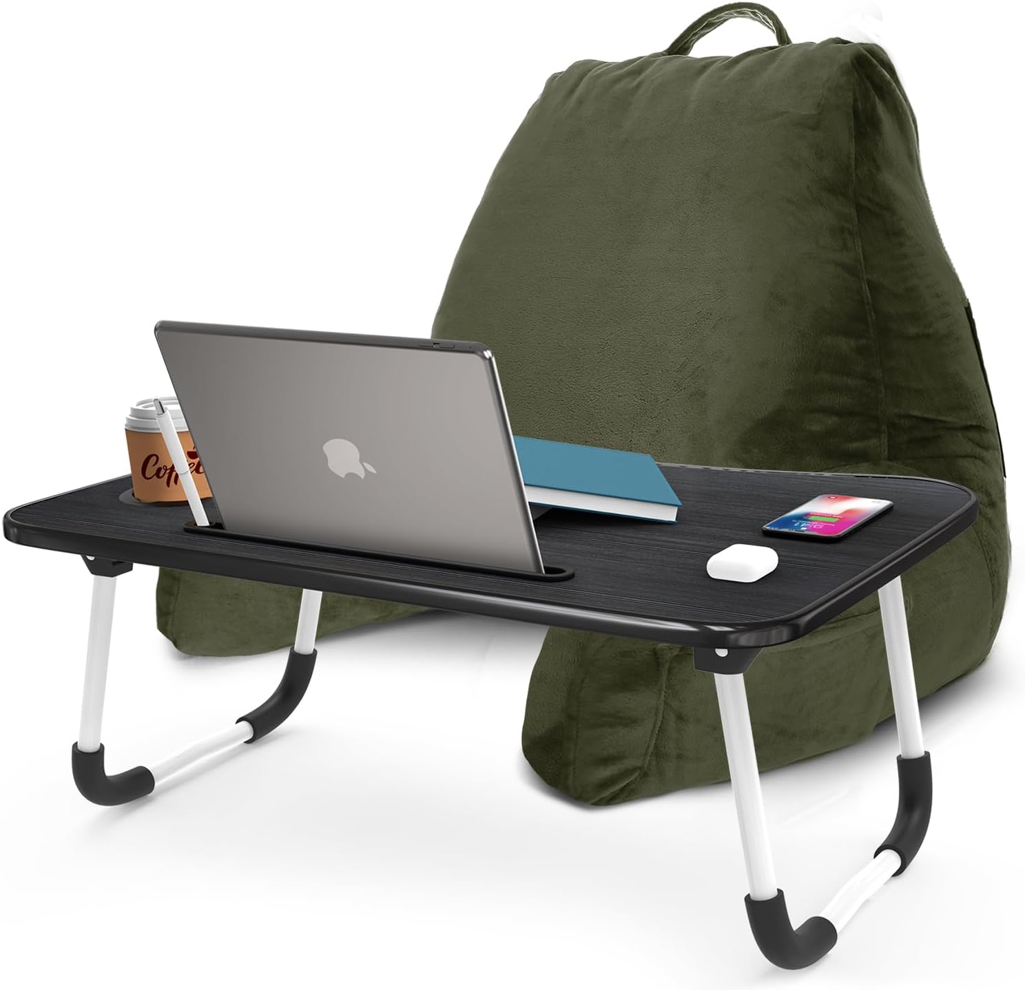 Nestl Reading Pillow with Portable Laptop Lap Desk - Shredded Memory Foam Back Support Pillow for Sitting Up in Bed and Couch Rest Pillows with Arms, Bed Tray Table with Foldable Legs, Olive Green