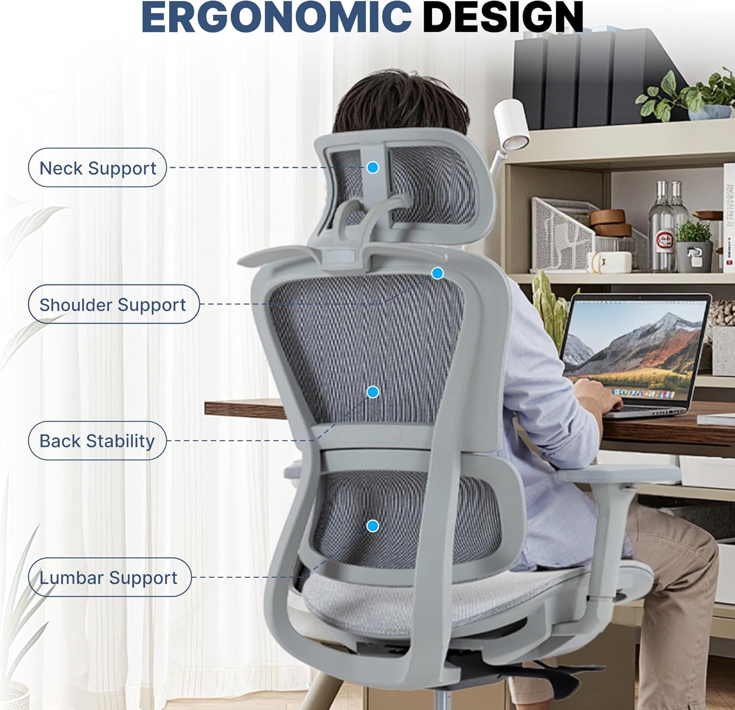 Mesh Ergonomic Office Chair with 4D Armrests,High Back Mesh Gaming Chair with Lumbar Support,Adjustable Seat Depth,2D Headrest for Big & Tall