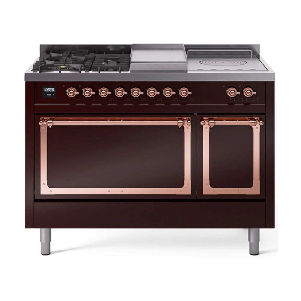 ILVE 48-Inch Nostalgie II Noblesse Dual Fuel Range with 5 Sealed Burners, Griddle, French Top and Solid Door Oven in Burgundy with Copper Trim (UN48FSQNMPBUP)