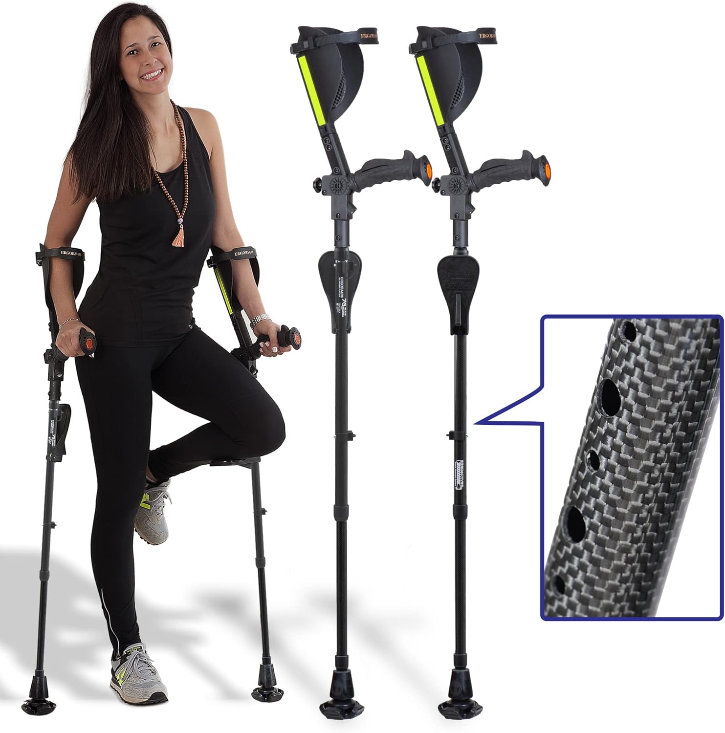 Ergobaum 7G Black Mamba by Ergoactives. 1 Pair (2 Units) of Ergonomic Forearm Crutches - Adult 5' - 6'6'' Adjustable, Foldable, Shock Absorber, Knee-Rest Platforms, LED Lights (Real Carbon Fiber)