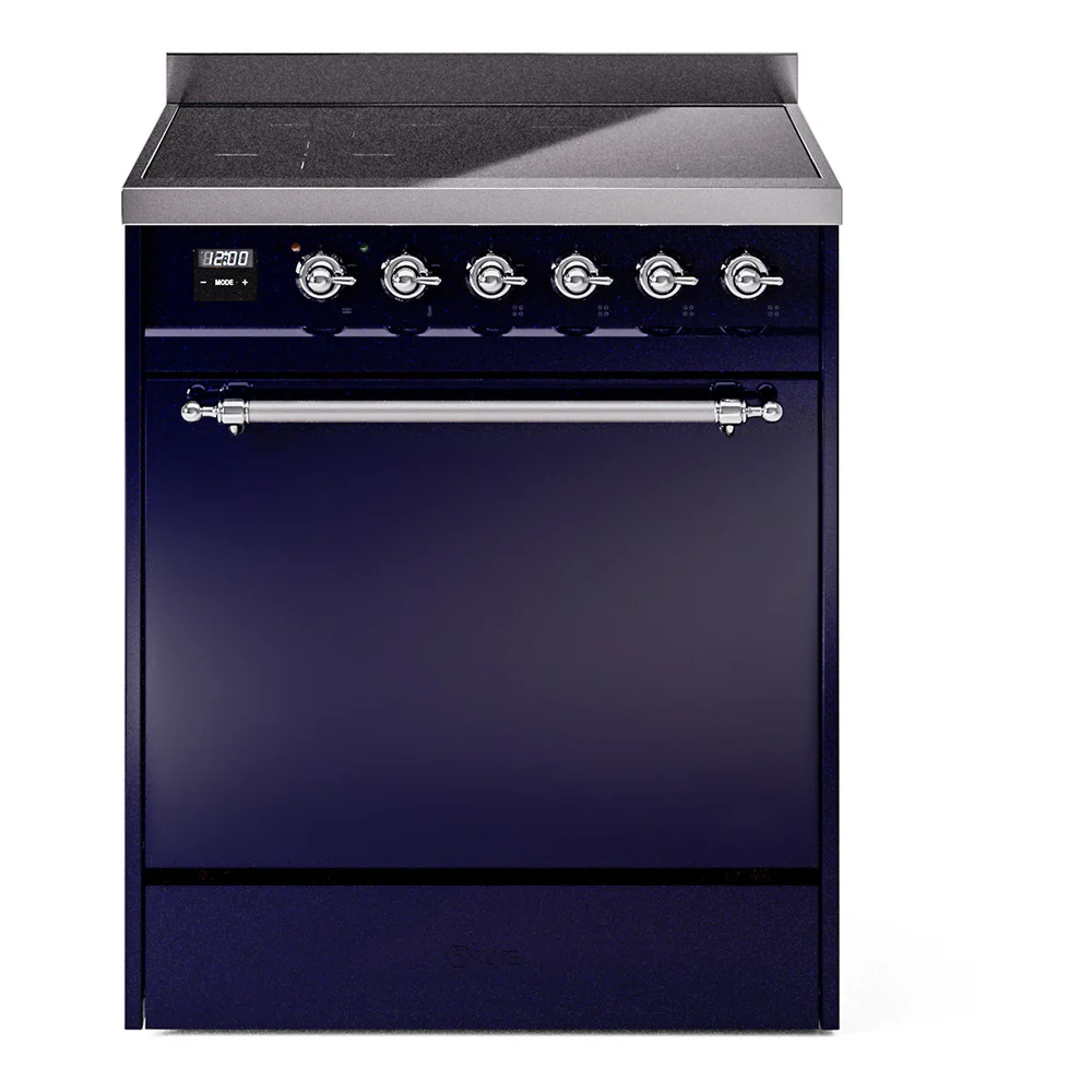 ILVE 30-Inch Nostalgie II Induction Range with Solid Door Oven in Midnight Blue with Chrome Trim (UPI304QNMPMBC)