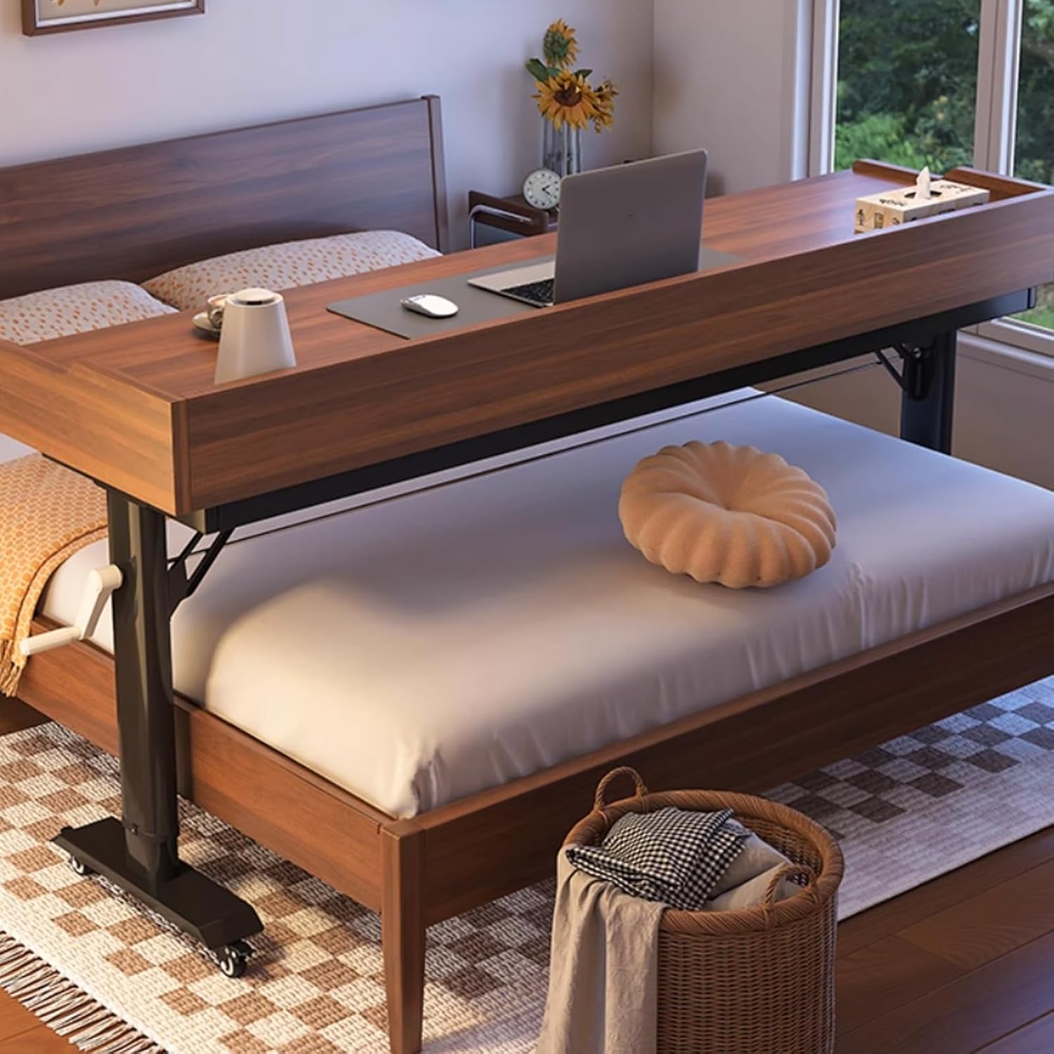 Adjustable Height Overbed Table with Wheels and Hand Crank, Mobile Laptop Cart with Large Capacity Storage, Over Bed Desk Fits Twin/Full/Queen/King Beds(Brown+White,240cm/94.4in)