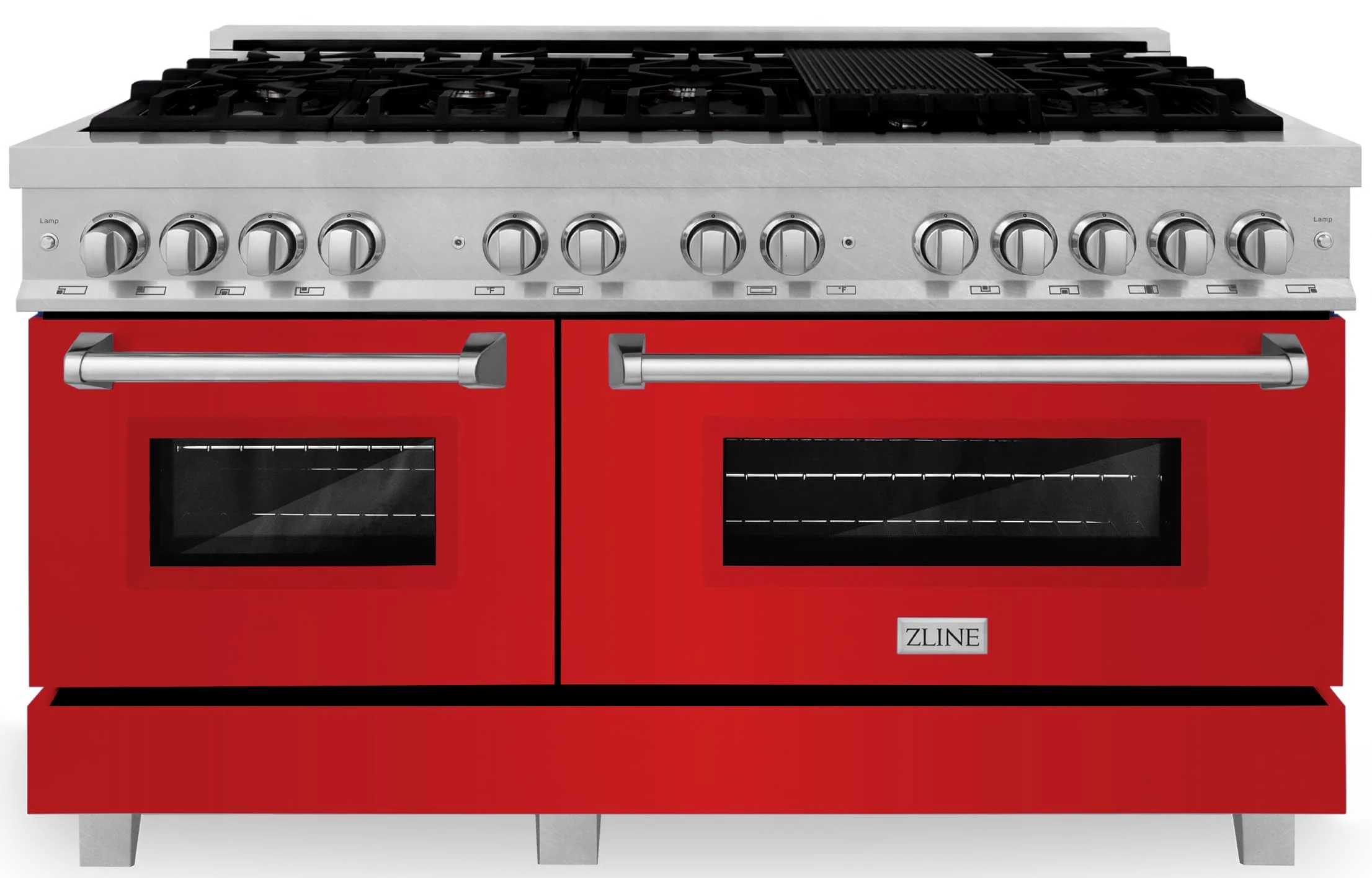 ZLINE 60-inch Legacy Series Dual Fuel Range with 9 Gas Burner Stove and 7.4 Cu. Ft. Electric Oven in Fingerprint Resistant Satin Stainless Steel and Red Matte Doors (RAS-RM-60)