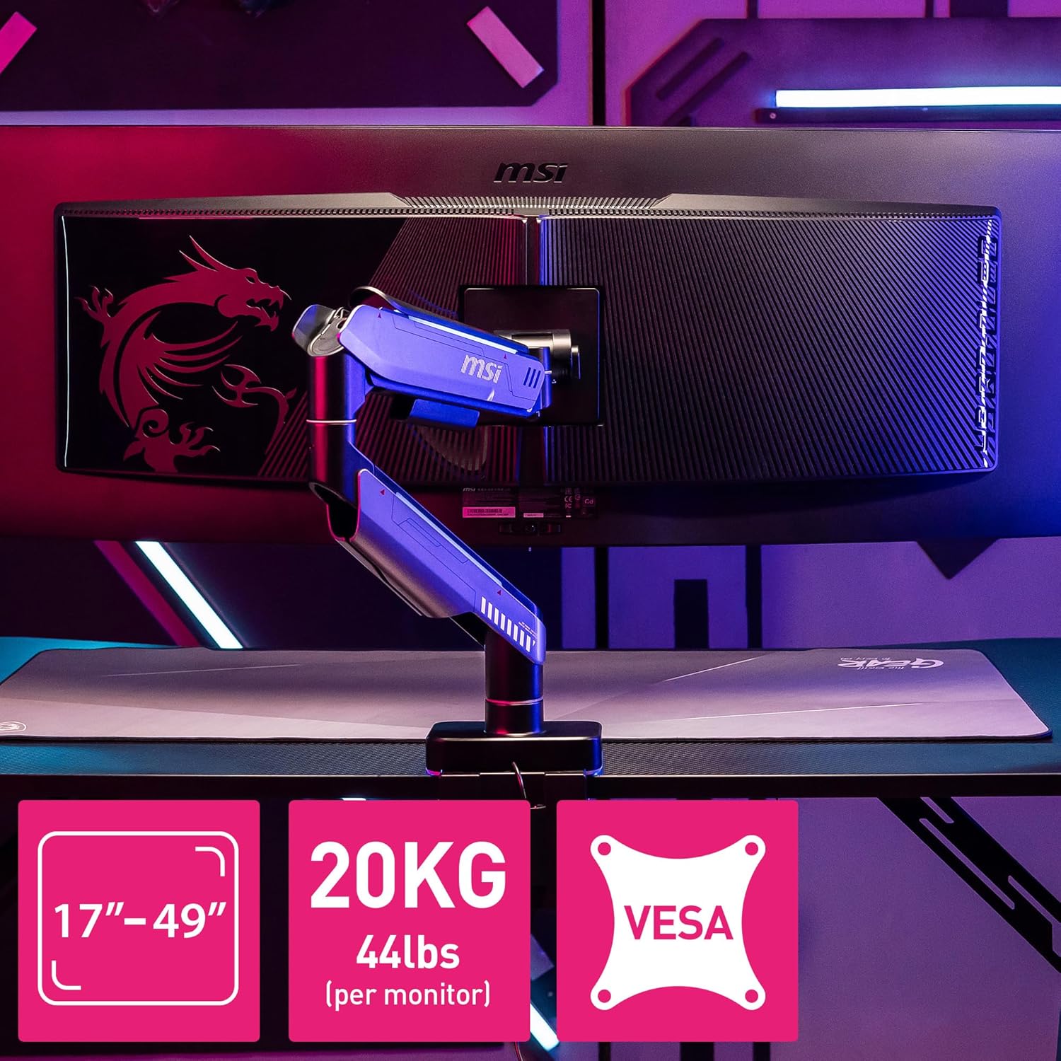 MSI MPG MT201R V2 - Premium RGB Single Monitor Stand Arm, Supports 17-49