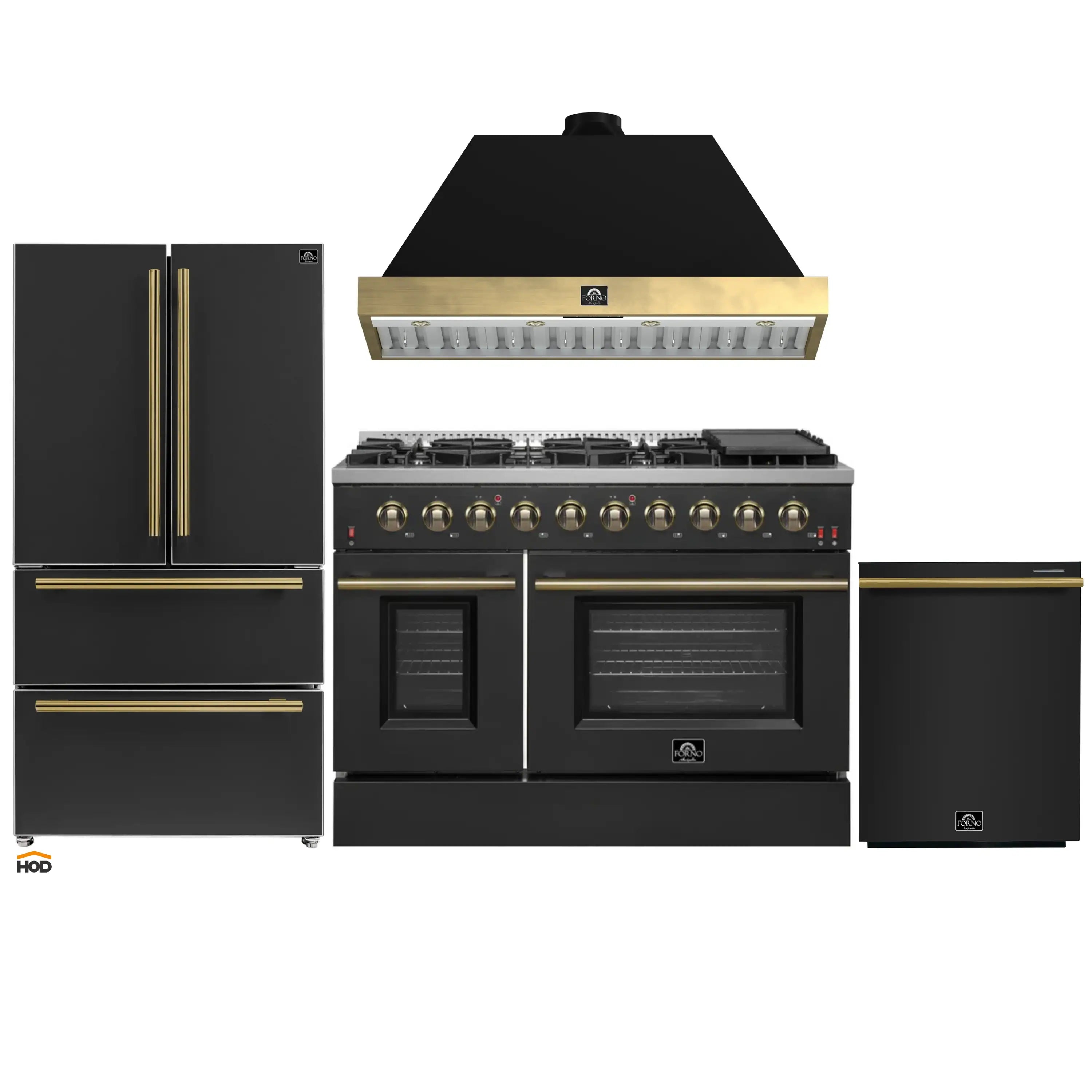 Forno Galiano 4-Piece Appliance Package - 48-Inch Gas Range, 48-Inch Hood, 36-Inch Refrigerator, & 24-Inch Dishwasher in Black with Antique Brass Trim