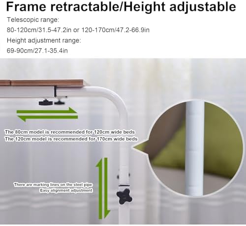 Over Bed Table, Over The Bed Table with Wheels, Rolling Bed Table, Mobile Desk, King Size Bed Frame, Adjustable Height and Length for Hospital and Home Use (Color : Oak, Size : 120cm/47.2in)