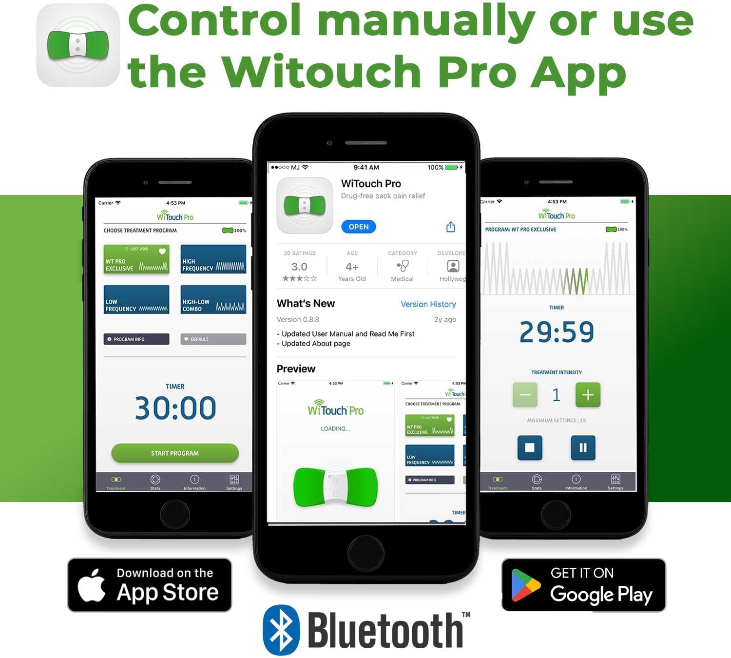 WiTouch Pro Bluetooth TENS Unit – Wireless Lower Back Pain Relief Device | FDA-Cleared, Drug-Free, Wearable & Discreet | 15 Intensity Levels + App Control | Includes 3 Pairs Gel Pads
