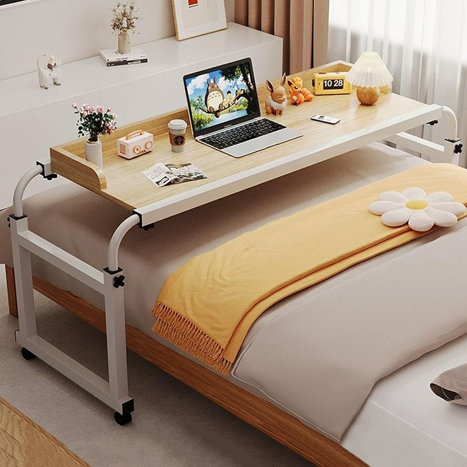 Computer Desk Standing Workstation, Rolling Medical Table Adjustable 115-210cm Mobile Bedside Table with 4 Wheels for Laptop Study Work Hospital Medical