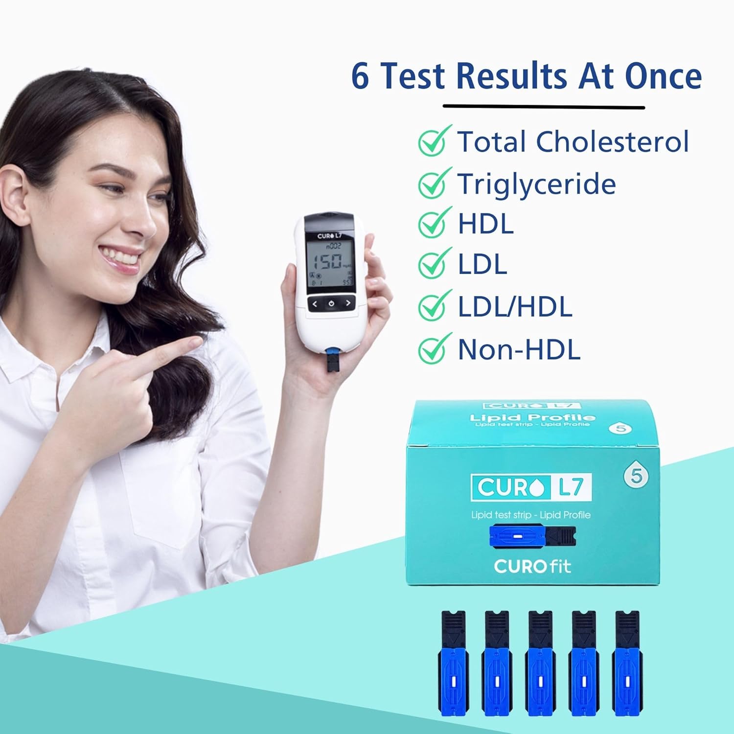 CURO-L7 Professional Grade Blood Cholesterol Testing with Home KIT - All-in-One Test Device, Test Strips 5ea, Lancets, and EziTube Rod Included