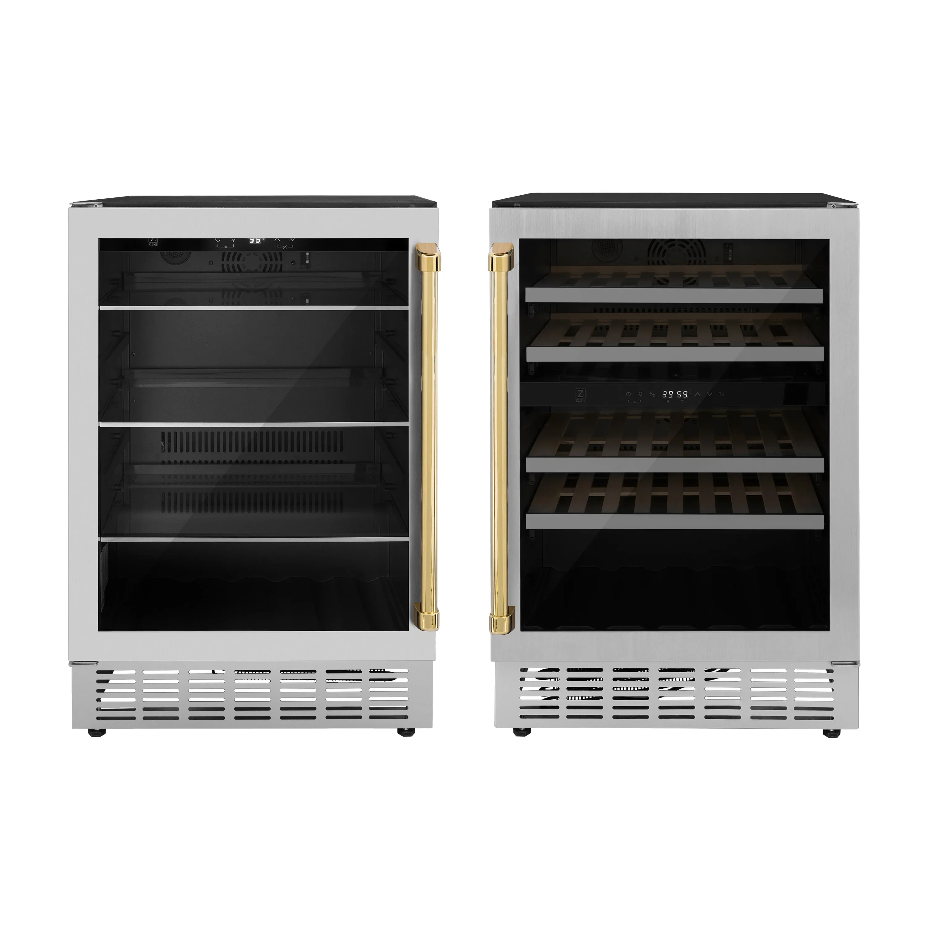 ZLINE Autograph Edition Appliance Package - 24-Inch Wine Cooler and 24-Inch Beverage Fridge in Stainless Steel with Gold Accents (2AKP-RBV-RWV-G)
