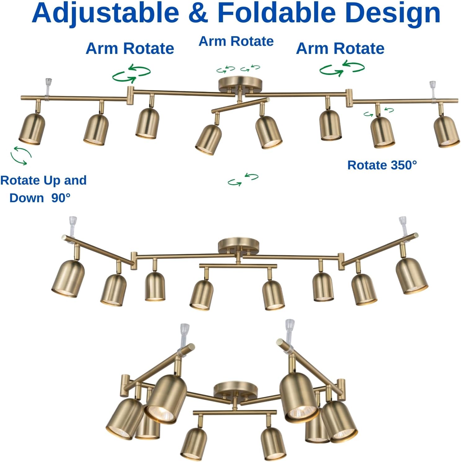 8 Light Modern Track Lighting Fixtures, Matte Brass Center Rotatable Bar Ceiling Spotlight, Foldable Arms Track Lighting Kit for Kitchen,Dining,Living Room Bedroom,GU10 Bulb Not Included