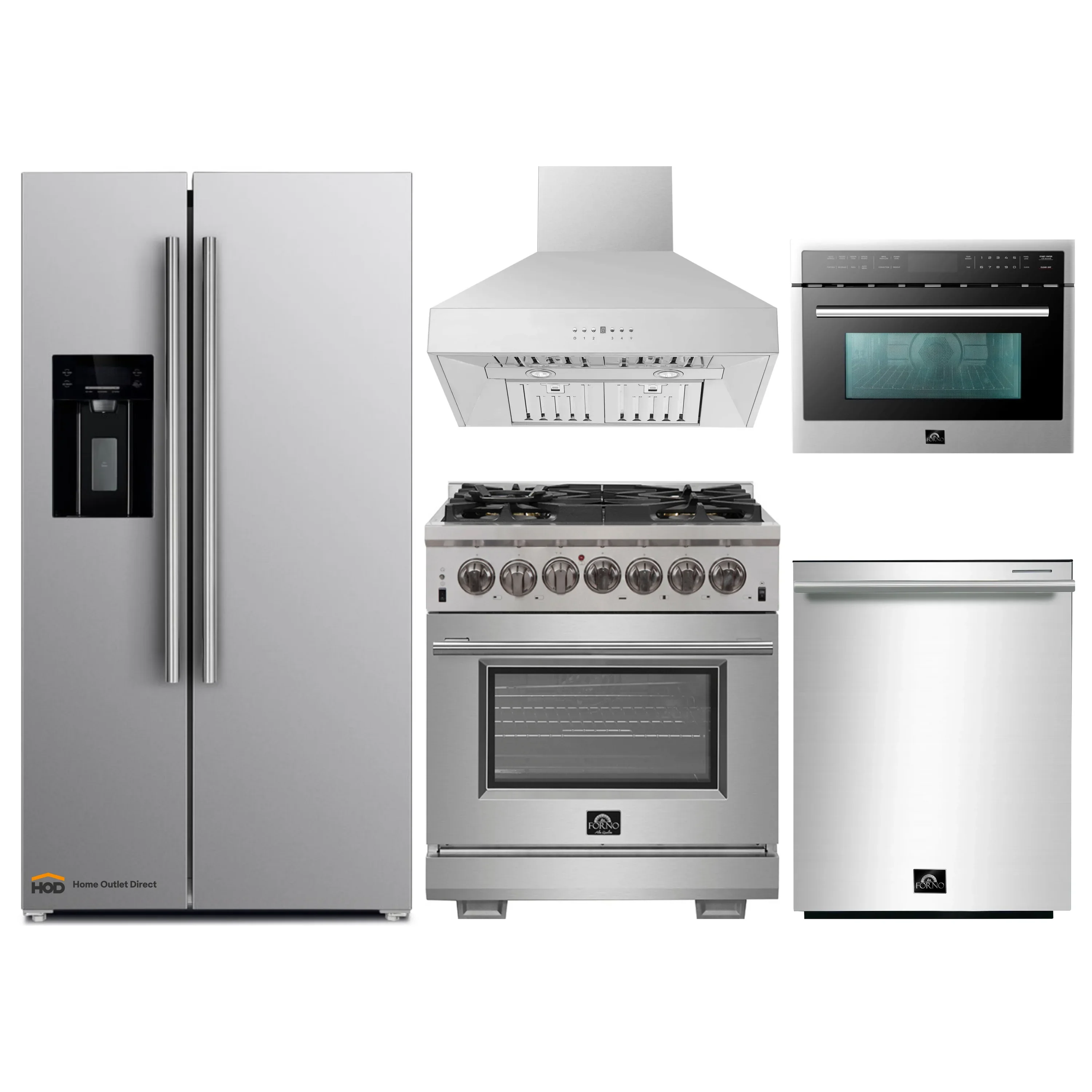 Forno 5-Piece Pro Appliance Package - 30-Inch Dual Fuel Range, Refrigerator with Water Dispenser, Wall Mount Hood, 24-Inch Microwave Oven, & 3-Rack Dishwasher in Stainless Steel