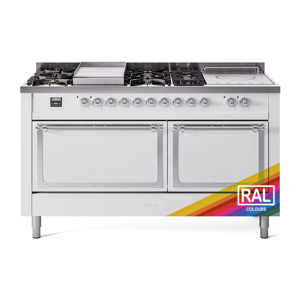 ILVE 60-Inch Nostalgie II Noblesse Dual Fuel Range with 7 Sealed Burners, Gridlde, French Top, and Solid Door Oven in RAL with Chrome Trim (UN60FSQNMPRAC)