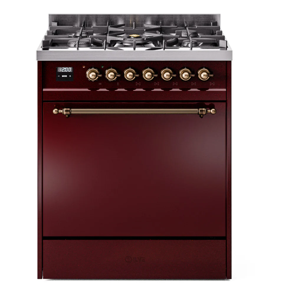 ILVE Nostalgie II 30-Inch Dual Fuel Range with Solid Door in Burgundy with Bronze Trim (UP30QNMPBUB)