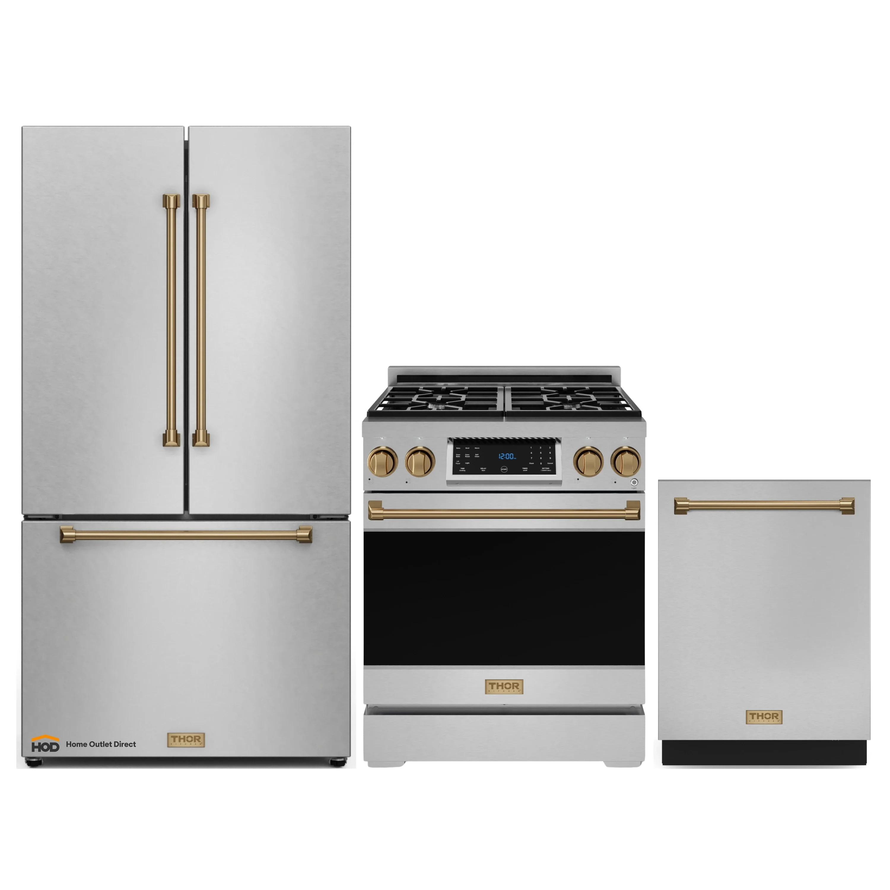 Gordon Ramsay by Thor Kitchen 3-Piece Appliance Package - 30-Inch Gas Range with Tilt Panel, 36-Inch Refrigerator, and Dishwasher in Stainless Steel with Bronze Trim