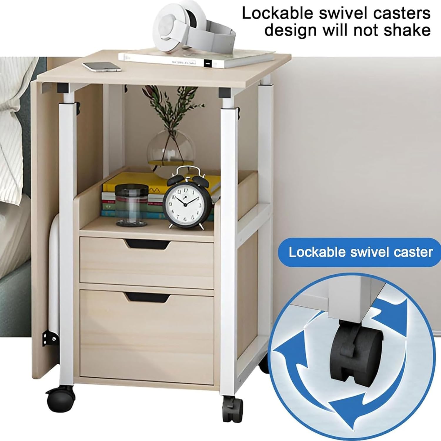 2 in 1 Foldable Overbed Table with Wheels, Bedside Table Adjustable Height, Mobile Computer Desk Laptop Table, Standing Over Bed Table for Hospital and Home Use,White a