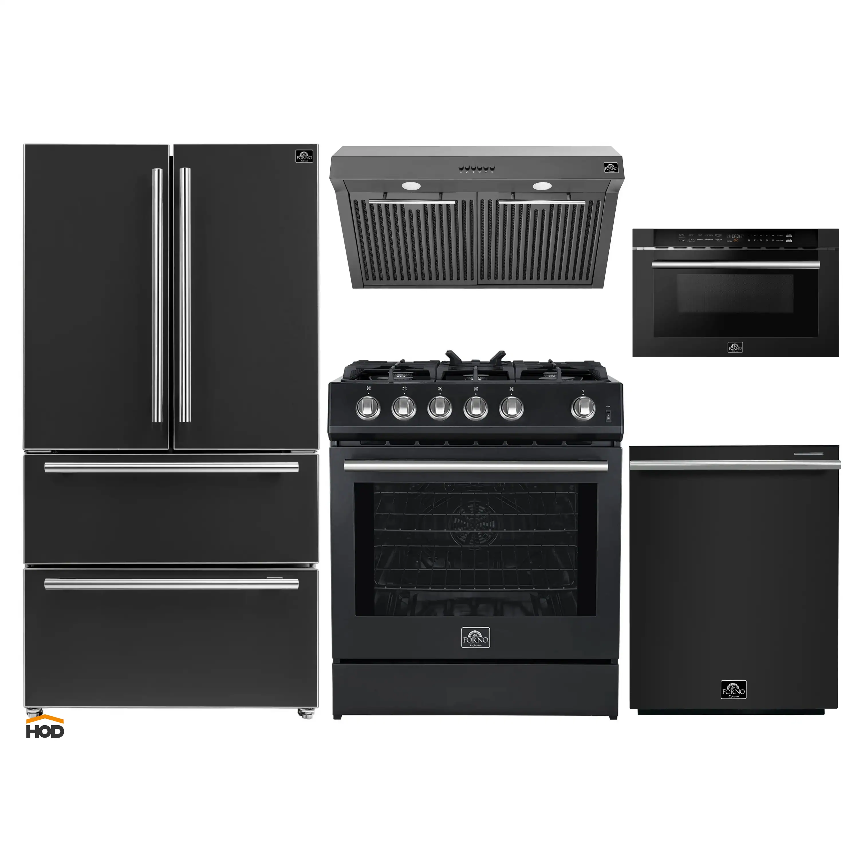 Forno 5-Piece Appliance Package - 30-Inch Gas Range, Under Cabinet Range Hood,  French Door Refrigerator, Dishwasher, and  Microwave Drawer in Black with Stainless Steel Trim