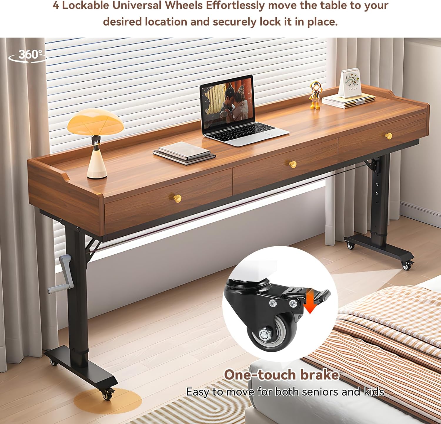 Over Bed Desk, Adjustable Height Overbed Table with Wheels & Hand Crank, Giant Portable Desk Over Bed for Laptop, Reading & Home Office, Fits Twin/Full/Queen/King Beds
