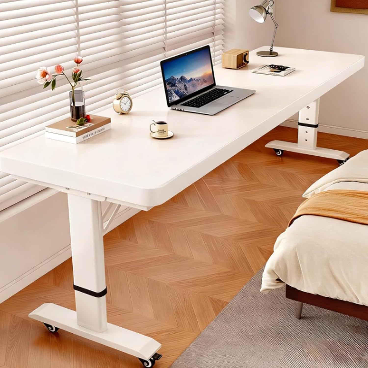 Height Adjustable Overbed Table, Over The Bed Table with Wheels, Standing Workstation with Baffle, Wood Standing Office Desk Computer Tables for Work, Study(White,L39.3xW19.6in)