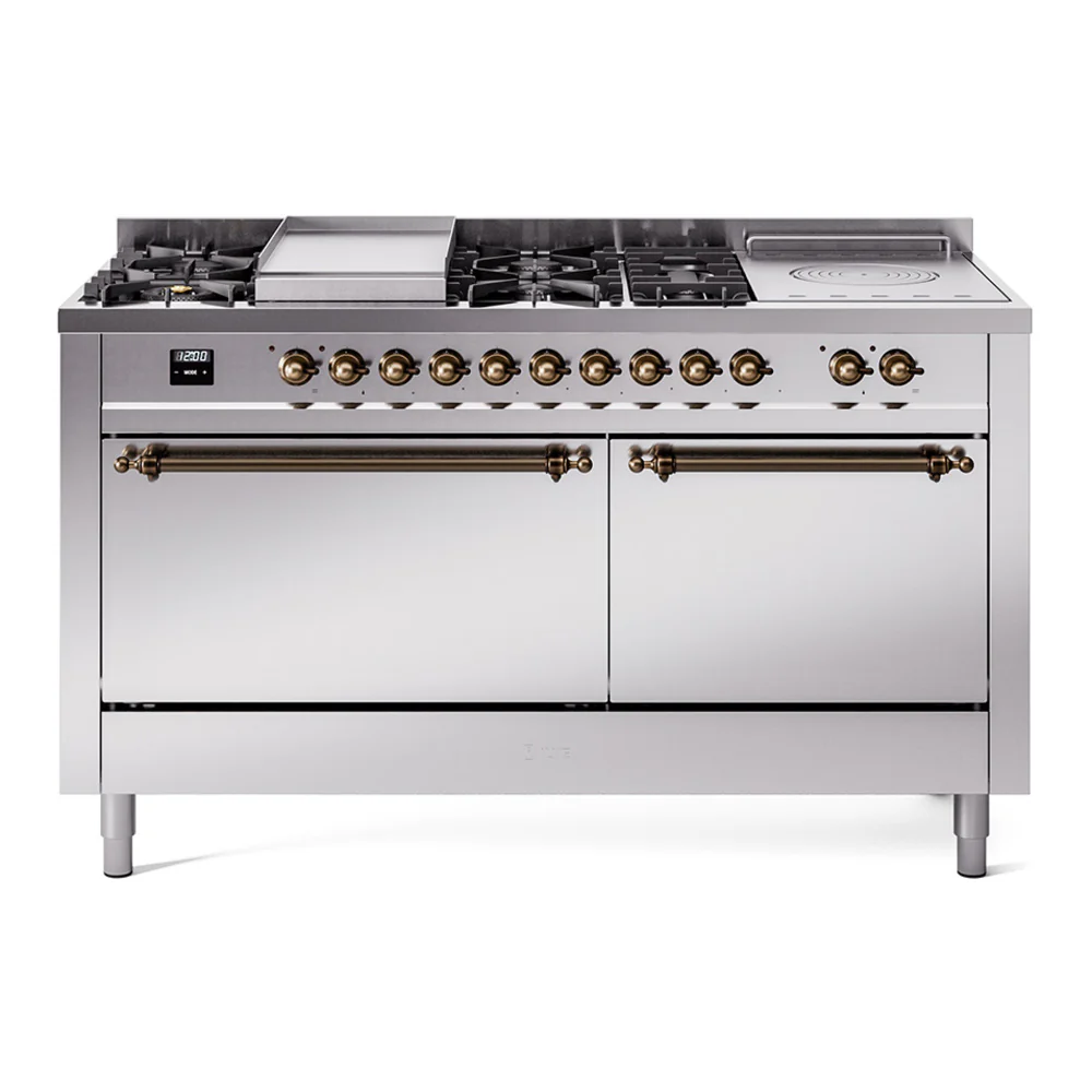 ILVE Nostalgie II 60-Inch Dual Fuel Range with 7 Burners, Griddle, & French Top with Solid Door Oven in Stainless Steel with Bronze Trim (UP60FSQNMPSSB)