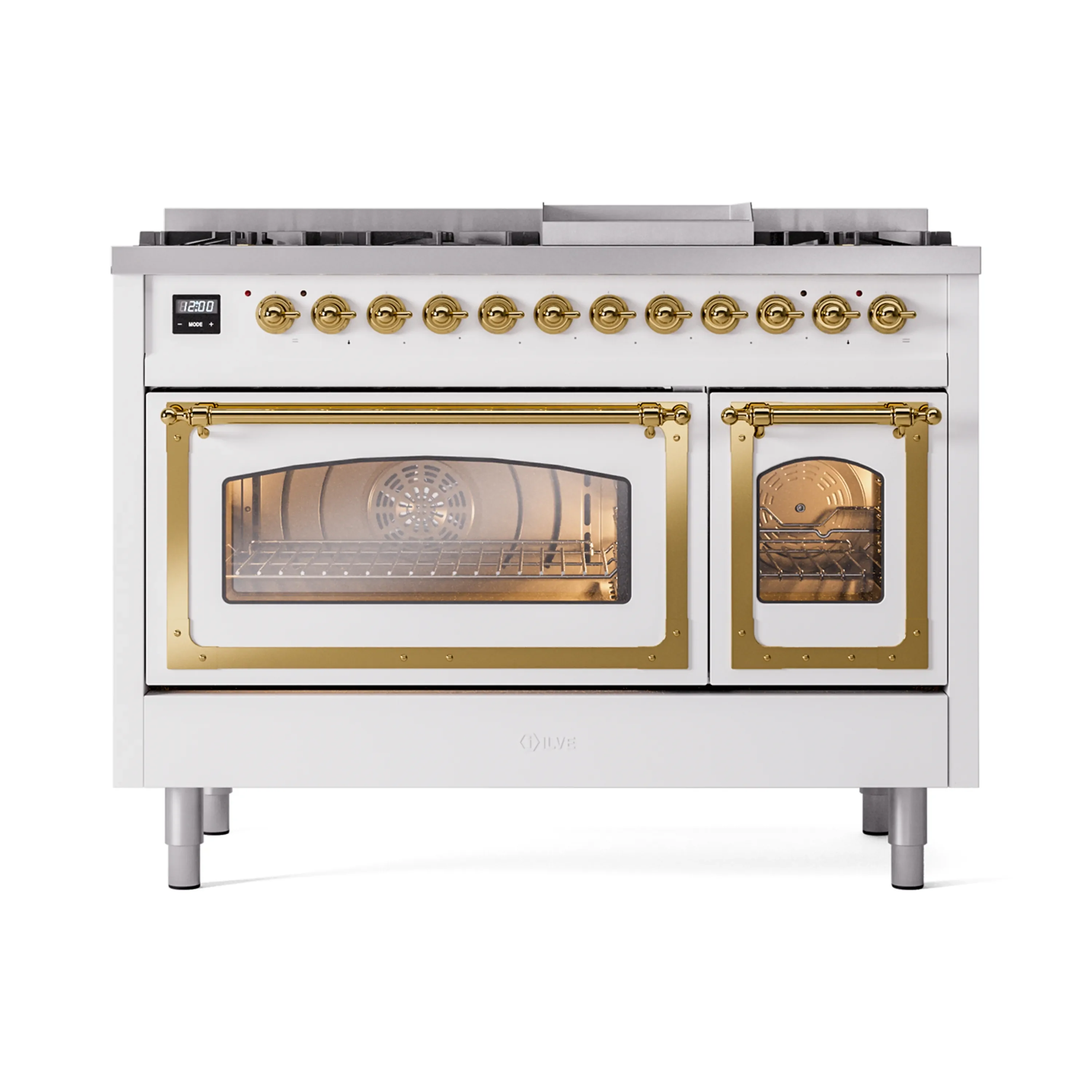 ILVE Nostalgie II Noblesse 48-Inch Dual Fuel Freestanding Range in White with Brass Trim (UN48FNMPWHG)