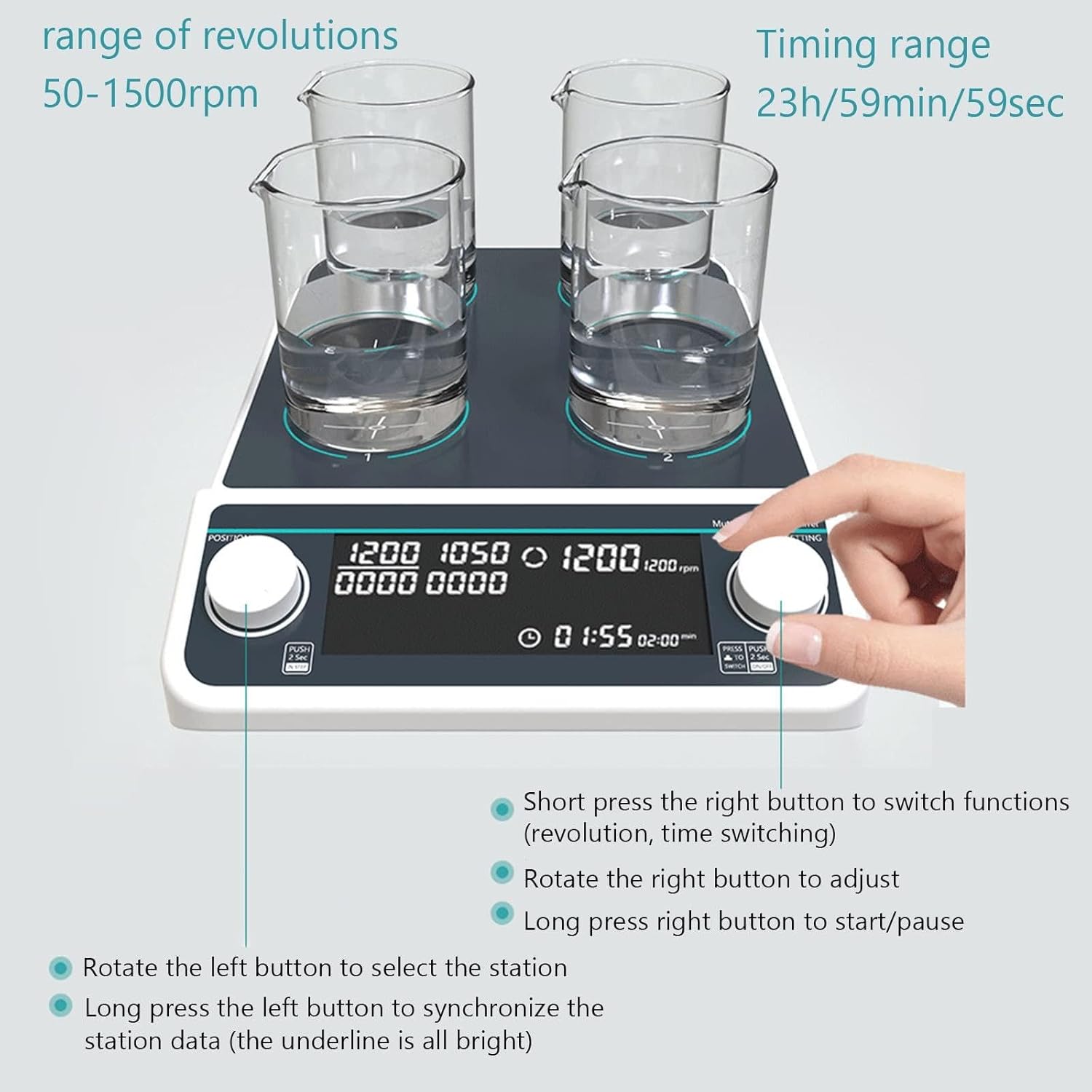 Multi-Position Magnetic Stirrer (50-1500 RPM), Synchronous/Asynchronous Control, Timing (1 Min - 19 H 59 Min), LED Display, Laboratory Use,MS6