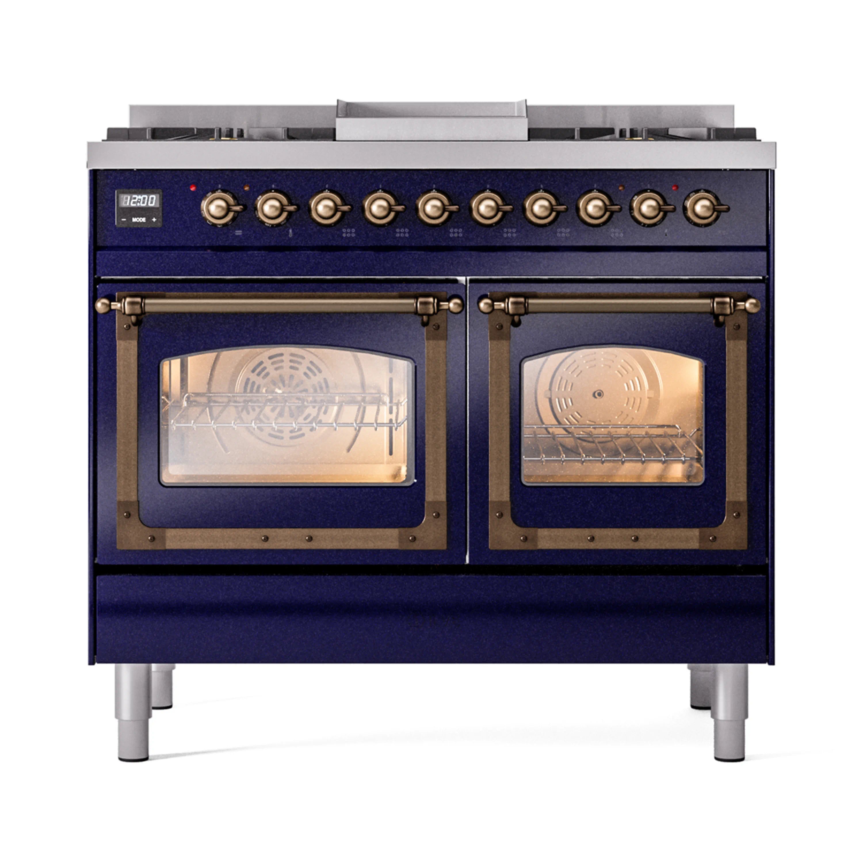 ILVE 40-Inch Nostalgie II Noblesse Dual Fuel Range with Triple Glass Door Oven in Midnight Blue with Bronze Trim (UND40FNMPMBB)