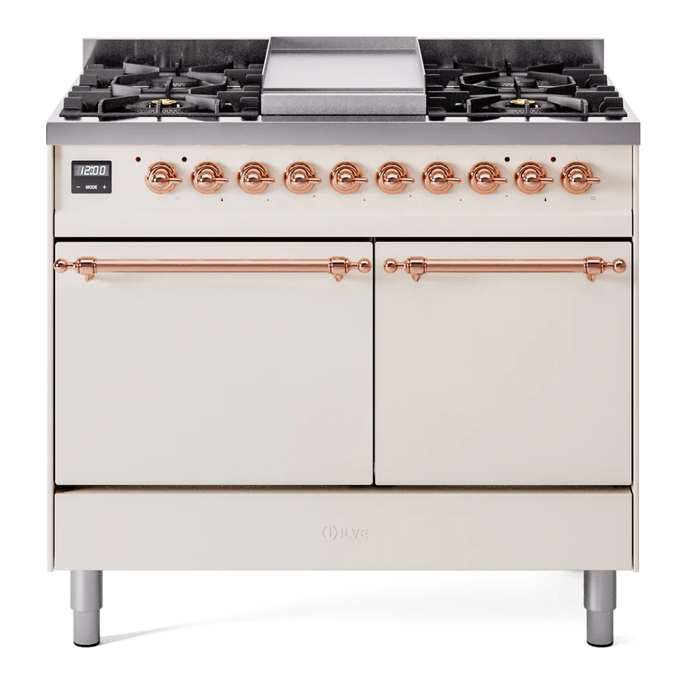 ILVE 40-Inch Nostalgie II Dual Fuel Range with 6 Burners, Griddle and Solid Door Oven in Antique White with Copper Trim (UPD40FQNMPAWP)