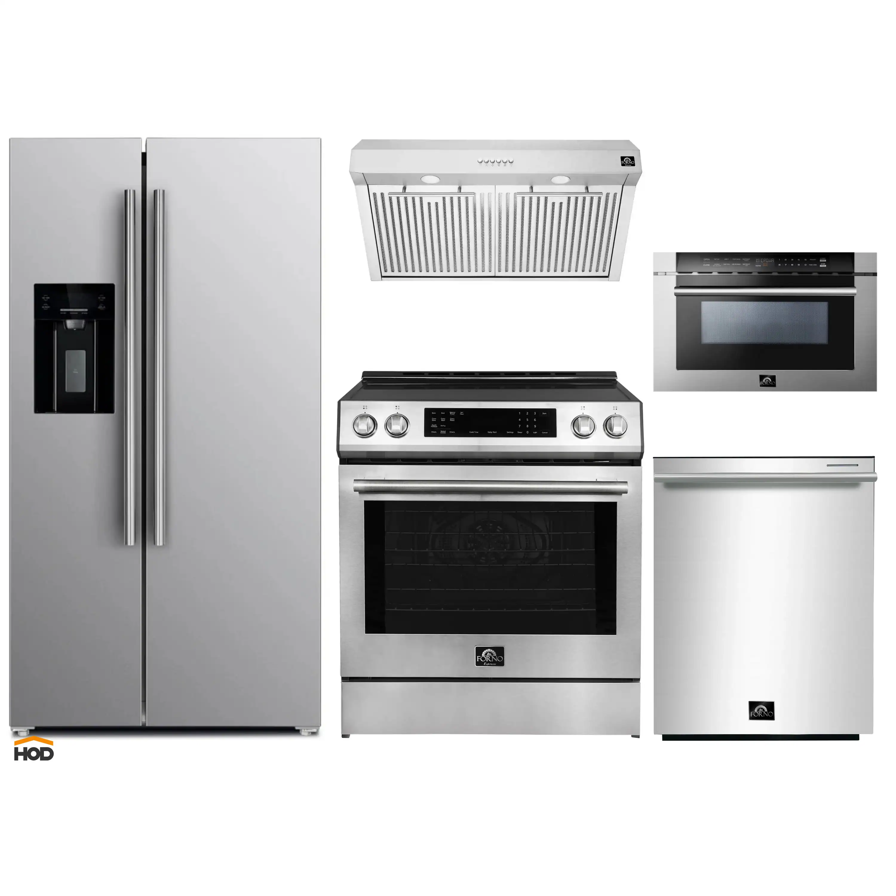 Forno 5-Piece Appliance Package - 30-Inch Induction Range, Under Cabinet Range Hood, Refrigerator with Water Disprenser, Dishwasher, and  Microwave Drawer in Stainless Steel