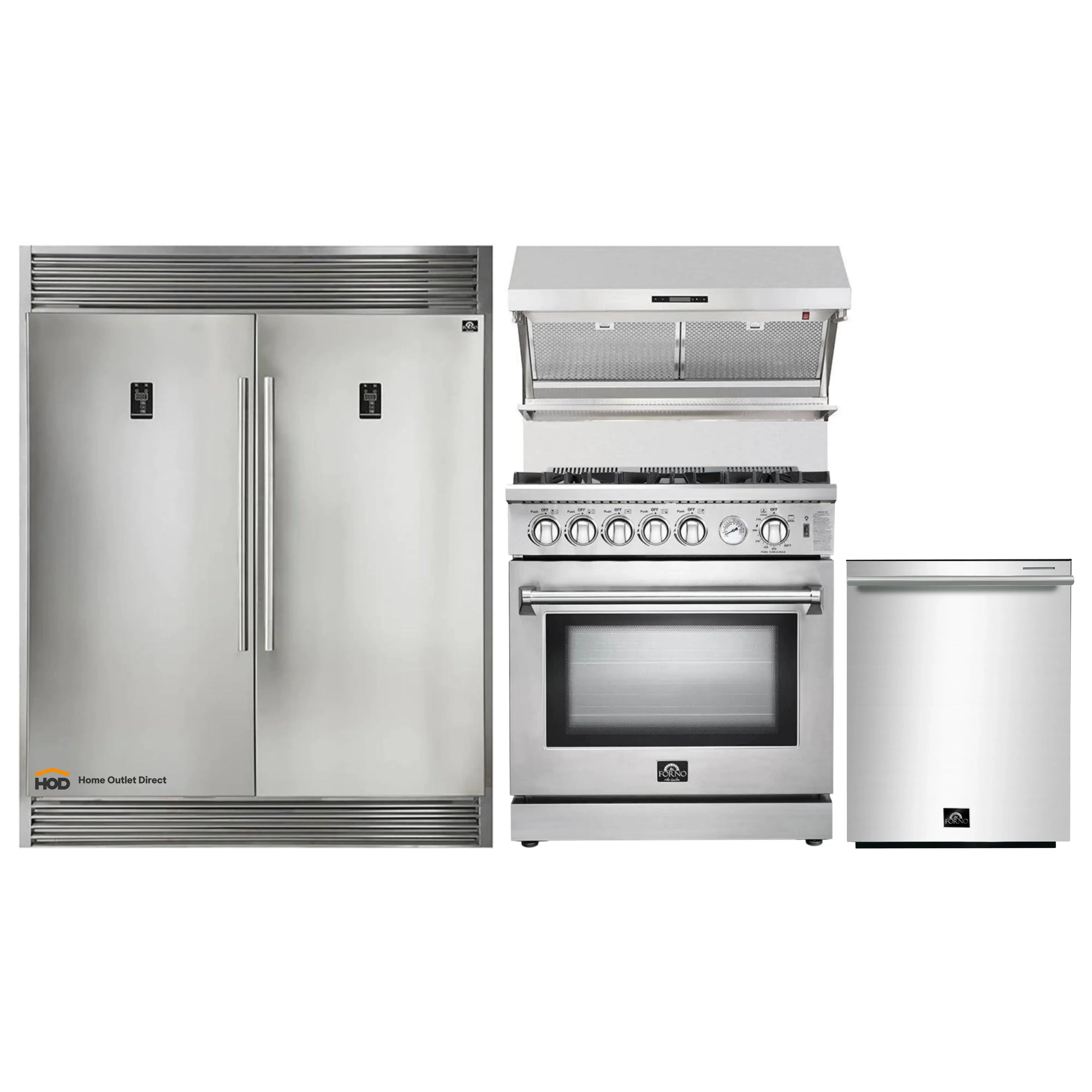 Forno 4-Piece Appliance Package - 30-Inch Gas Range, 60-Inch Pro-Style Refrigerator, Wall Mount Hood with Backsplash, & 3-Rack Dishwasher in Stainless Steel