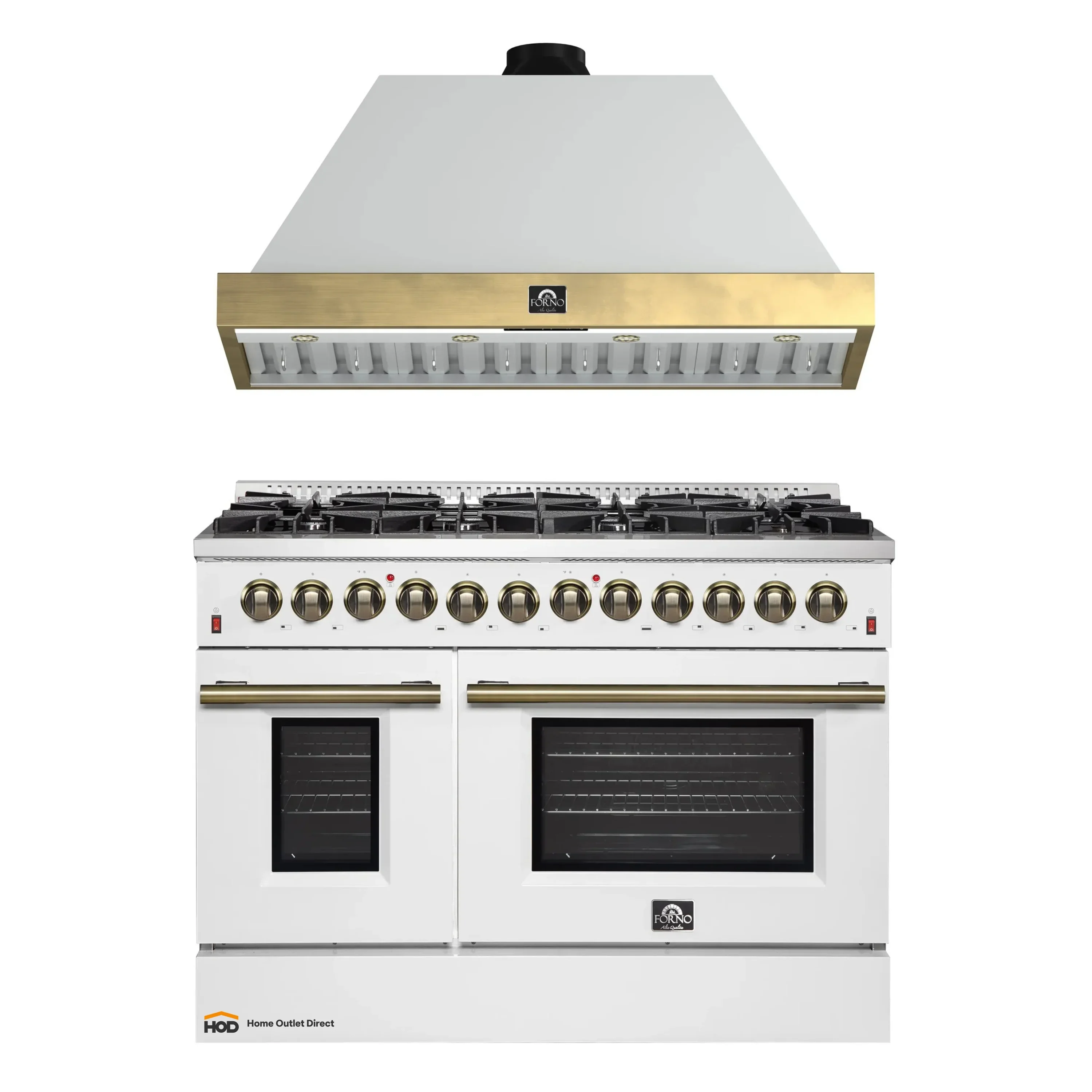 Forno Galiano 2-Piece Appliance Package - 48-Inch Dual Fuel Range & 48-Inch Wall Mount Range Hood in White with Antique Brass Trim