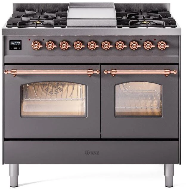 ILVE Nostalgie II 40-Inch Dual Fuel Freestanding Range in Matte Graphite with Copper Trim (UPD40FNMPMGP)