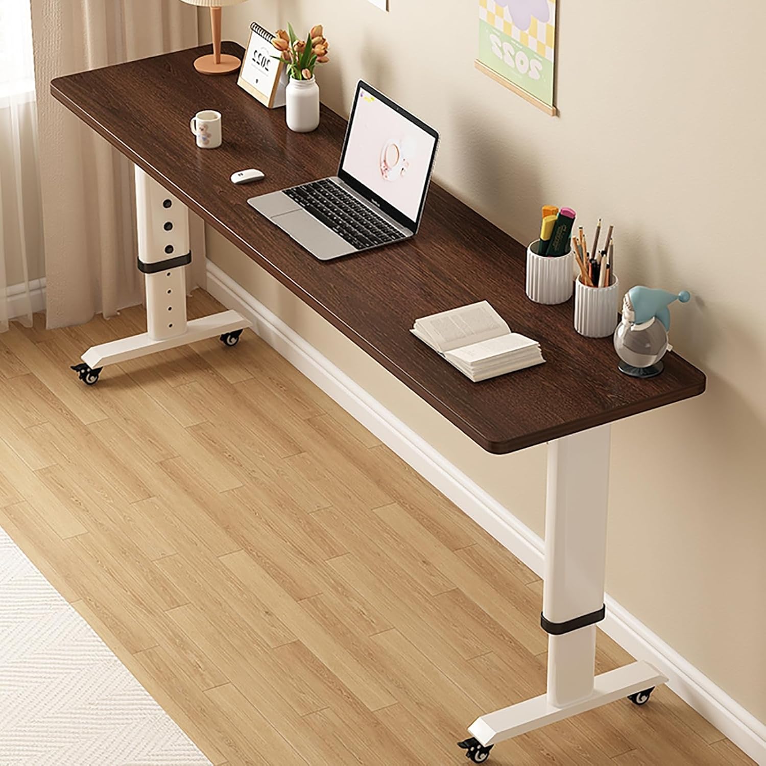 Overbed Table Adjustable Height Overbed Table with Wheels for Hospital and Home Use,Dark Walnut-120 * 50cm