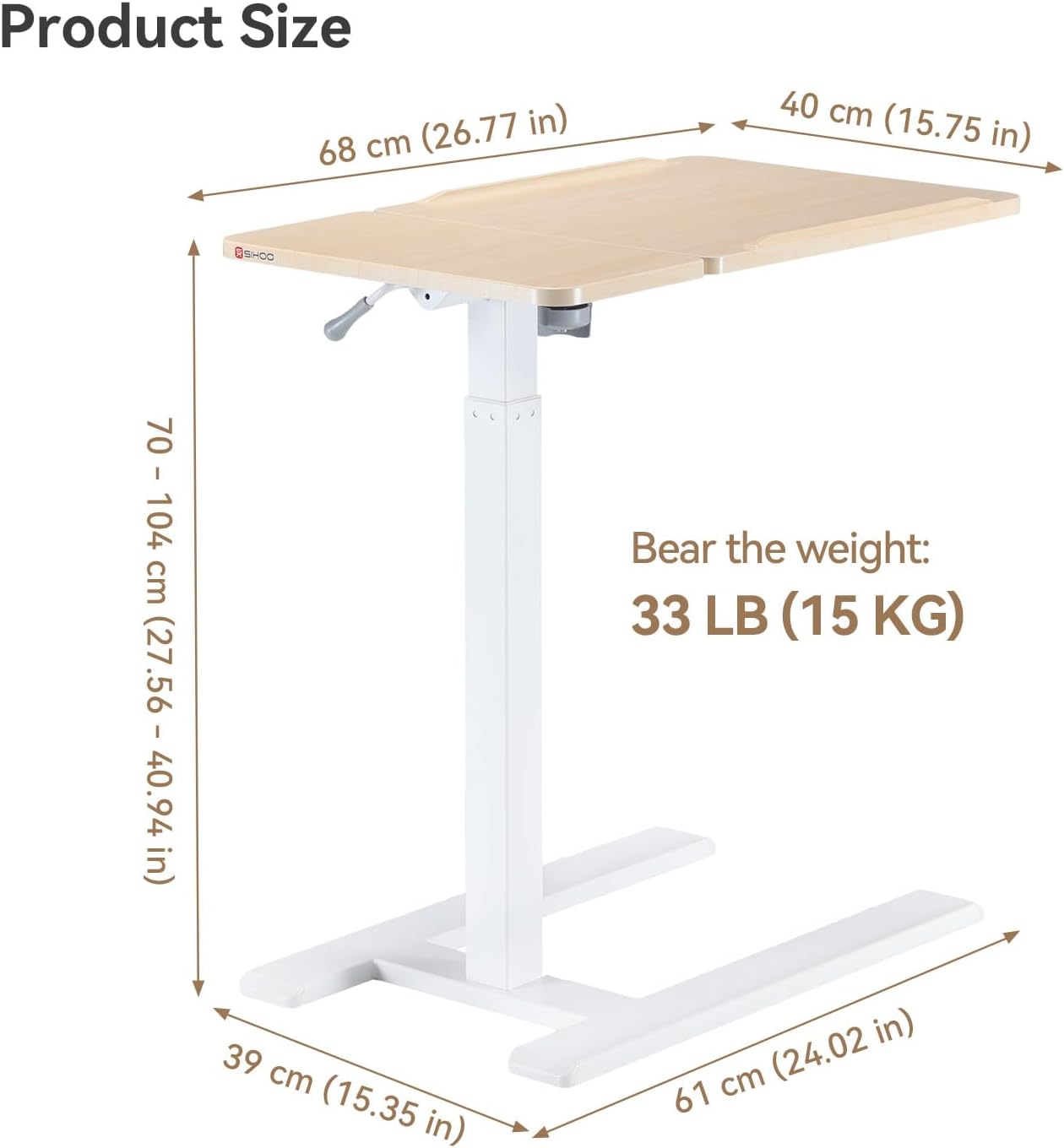 SIHOO D01 Medical Adjustable Tilt Overbed Bedside Table with Wheels Pneumatic Mobile Standing Laptop Desk Rolling Computer Cart Movable Bed Hospital Home Use （White Oak）