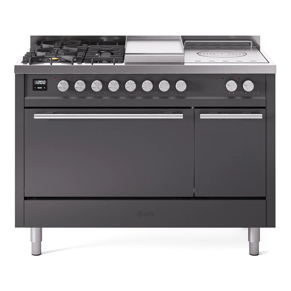 ILVE Professional Plus II 48-inch Dual Fuel Range with 5 Burners, Griddle, & French Top with Solid Door Oven in Matte Graphite (UP48FSQMPMG)