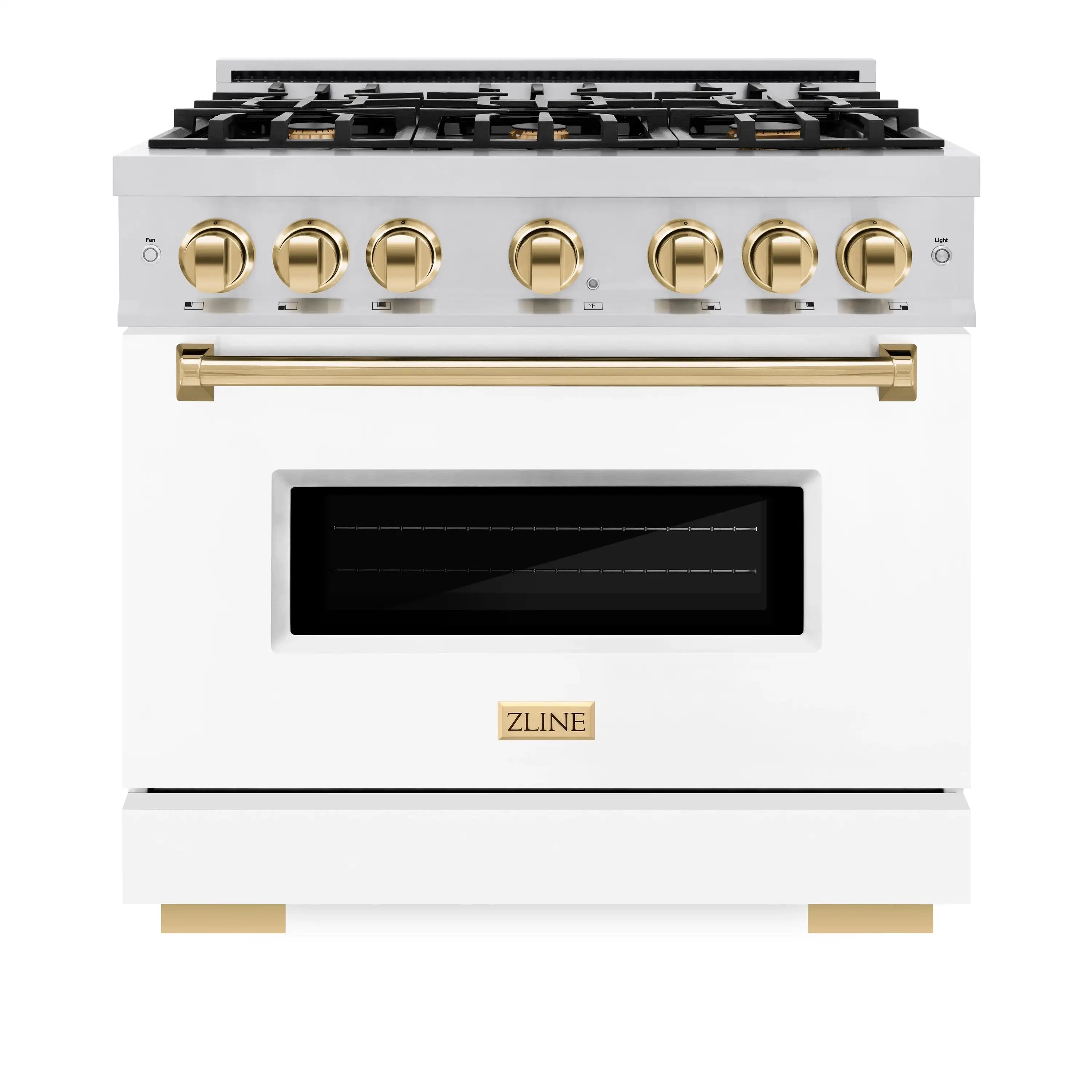 ZLINE Autograph Edition 36-Inch Classic Series Dual Fuel Range with 6 Gas Burner Cooktop and 5.2 Cu. Ft. Electric Convection Oven in Stainless Steel with White Matte Door and Polished Gold Accents (CDRZ-WM-36-G)