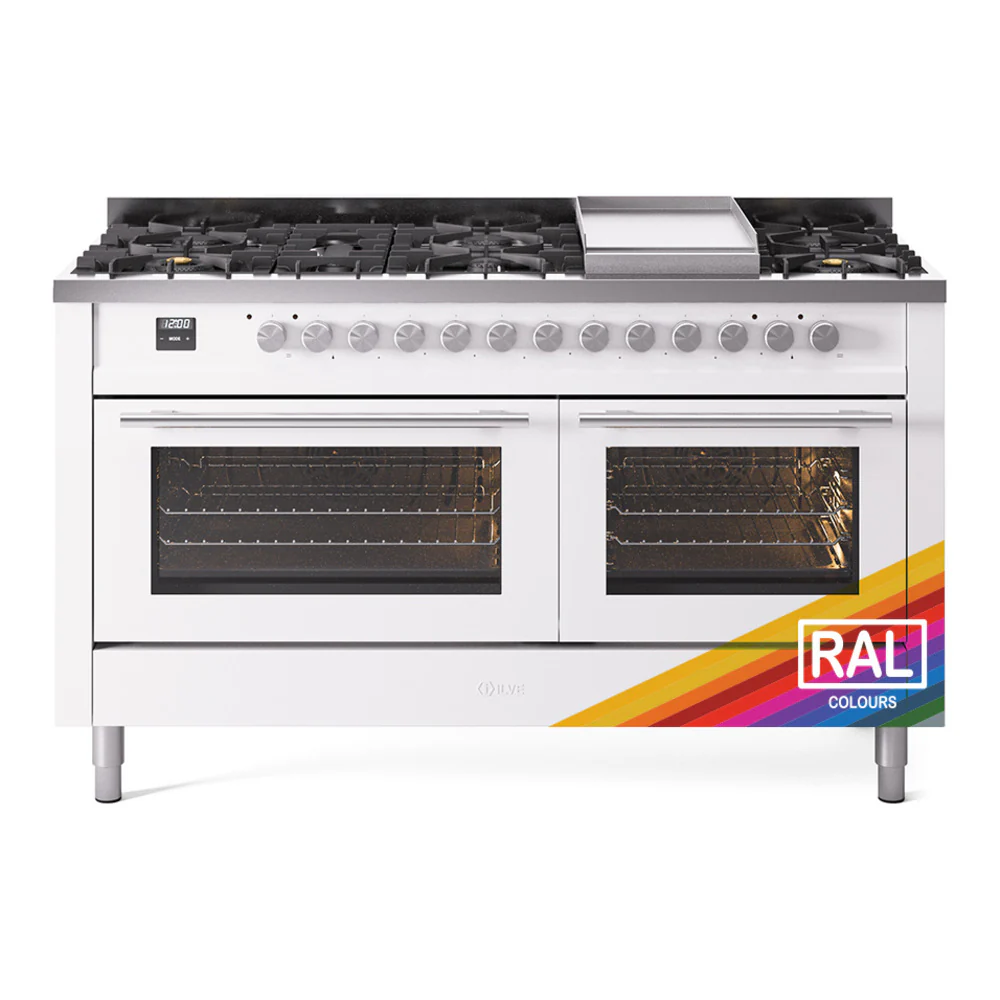 ILVE 60-inch Professional Plus II Dual Fuel Range with 9 Burners, Griddle, and Triple Glass Door Oven in RAL (UP60FWMPRA)