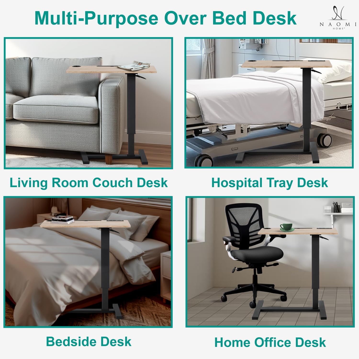 Naomi Home Tamara Adjustable Bed Desk with Wheels – Heavy-Duty Rolling Laptop Table with USB & C-Type Charging, Cup Holder and Hidden Casters Natural,Black