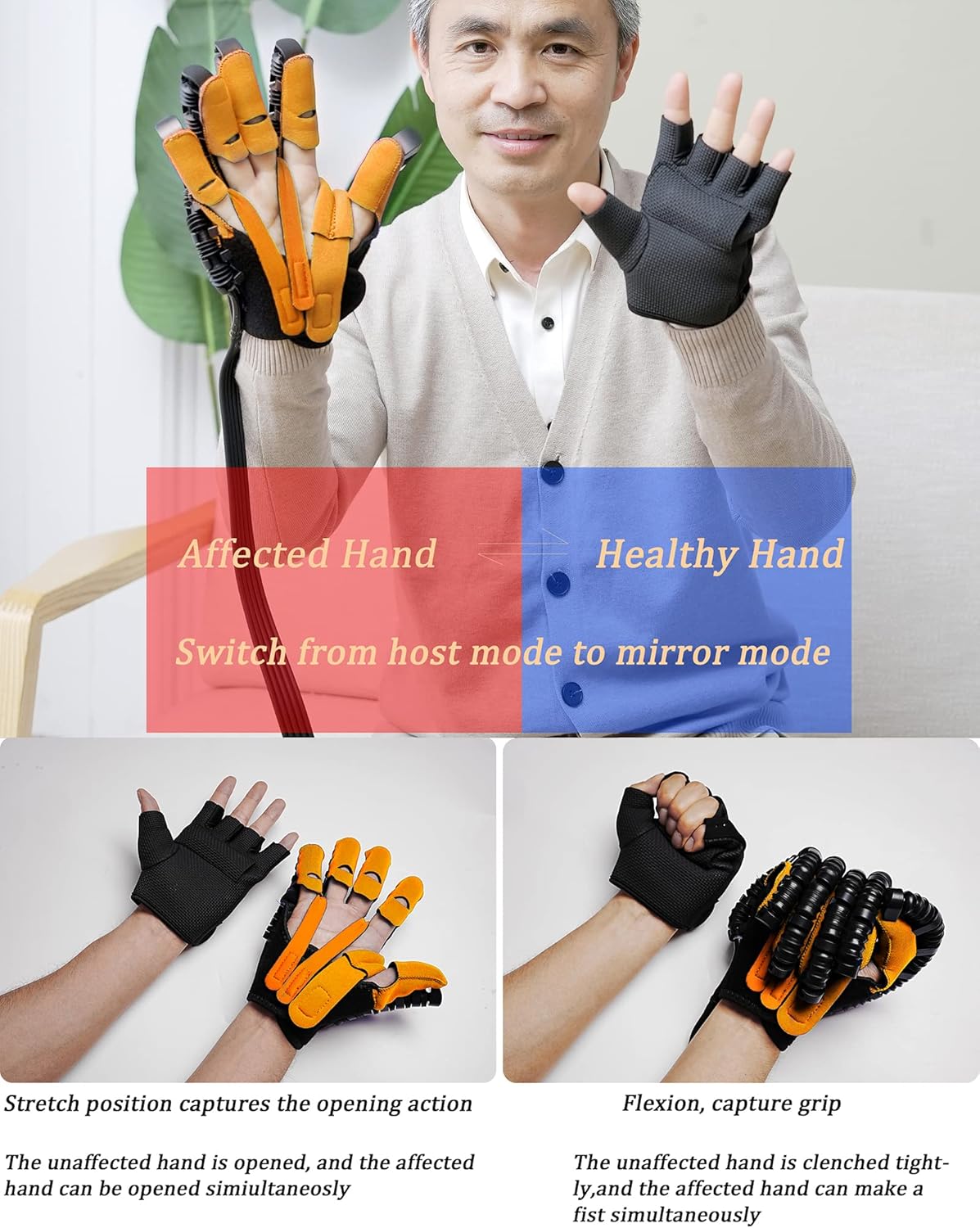 Rehabilitation Robot Gloves Stroke Hemiplegia Finger Trainer Stroke Hand Splint Finger Orthosis Assistive Training Equipment Minimize Spasticity(Size:Right L,Color:Orange-B)
