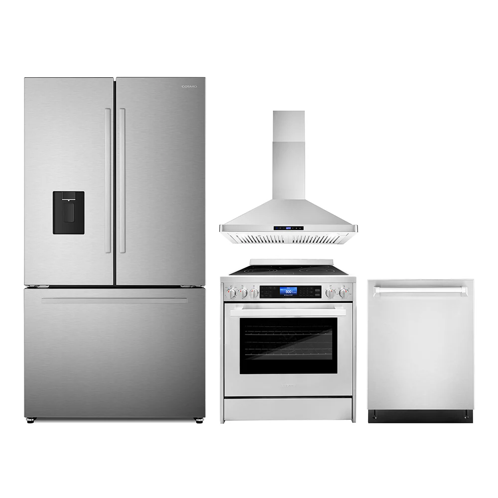 Cosmo 4-Piece Appliance Package - 30-Inch Single Oven Electric Range, Wall Mount Range Hood, Dishwasher and Refrigerator with Water Dispenser in Stainless Steel (COS-4PKG-645)