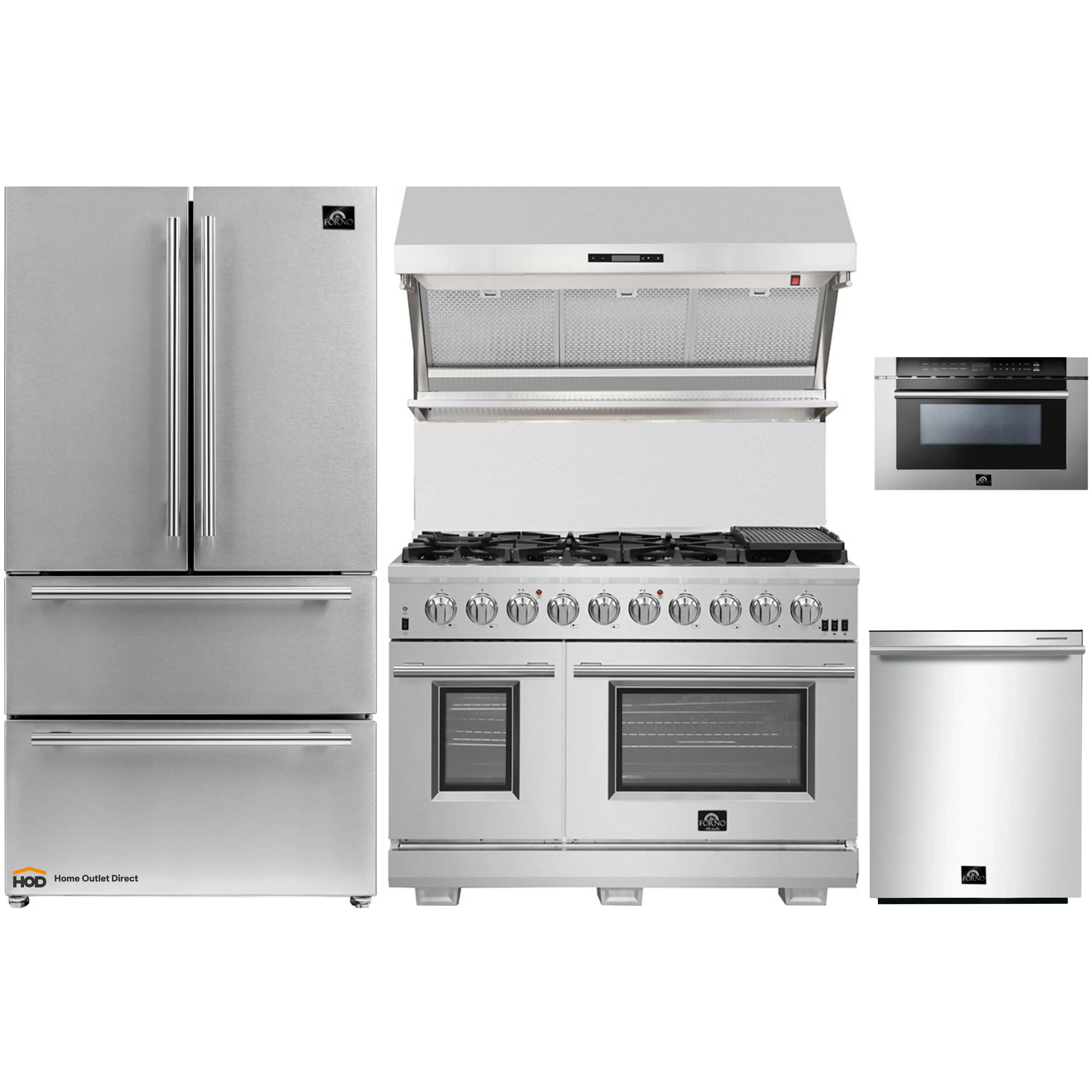Forno 5-Piece Pro Appliance Package - 48-Inch Gas Range, Refrigerator, Wall Mount Hood with Backsplash, 24-Inch Microwave Drawer, & 3-Rack Dishwasher in Stainless Steel