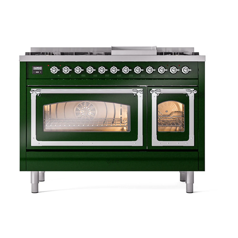 ILVE Nostalgie II Noblesse 48-Inch Dual Fuel Freestanding Range in Emerald Green with Chrome Trim (UN48FNMPEGC)