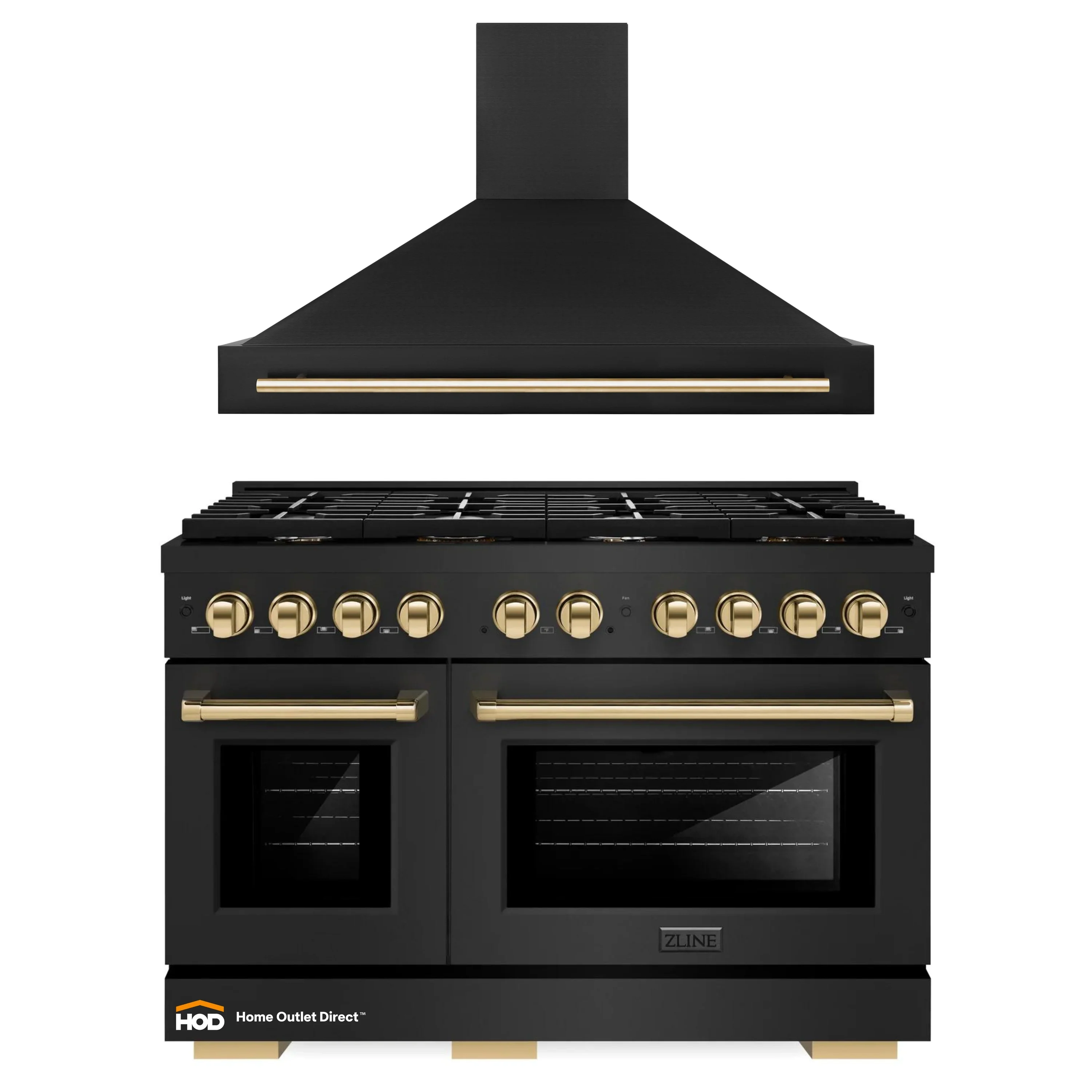 ZLINE Autograph Edition 2-Piece Appliance Package - 48-Inch Gas Range & Wall Mounted Range Hood in Black Stainless Steel with Gold Trim (2AKPR-SGRBRH48-G)