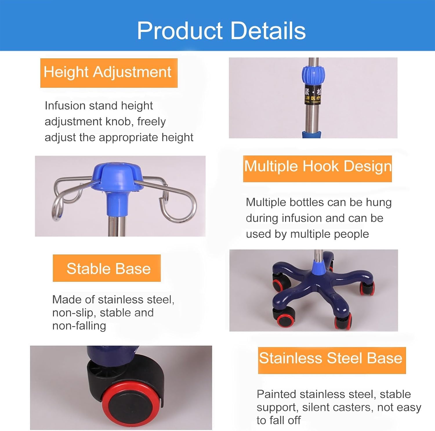 IV Pole with Tray — Ergonomic IV Pole with Wheels — Medical IV Fluid Bag Stand— Stainless Steel IV Pole with Tray for Hospital & Home IV Therapy