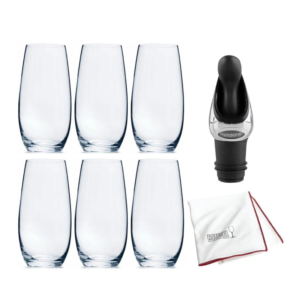 Riedel O Wine Tumbler Champagne (Set of 6) Wine Stopper and Cloth Bundle