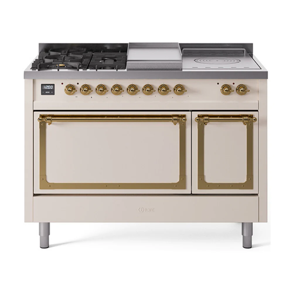 ILVE 48-Inch Nostalgie II Noblesse Dual Fuel Range with 5 Sealed Burners, Griddle, French Top and Solid Door Oven in Antique White with Brass Trim (UN48FSQNMPAWG)